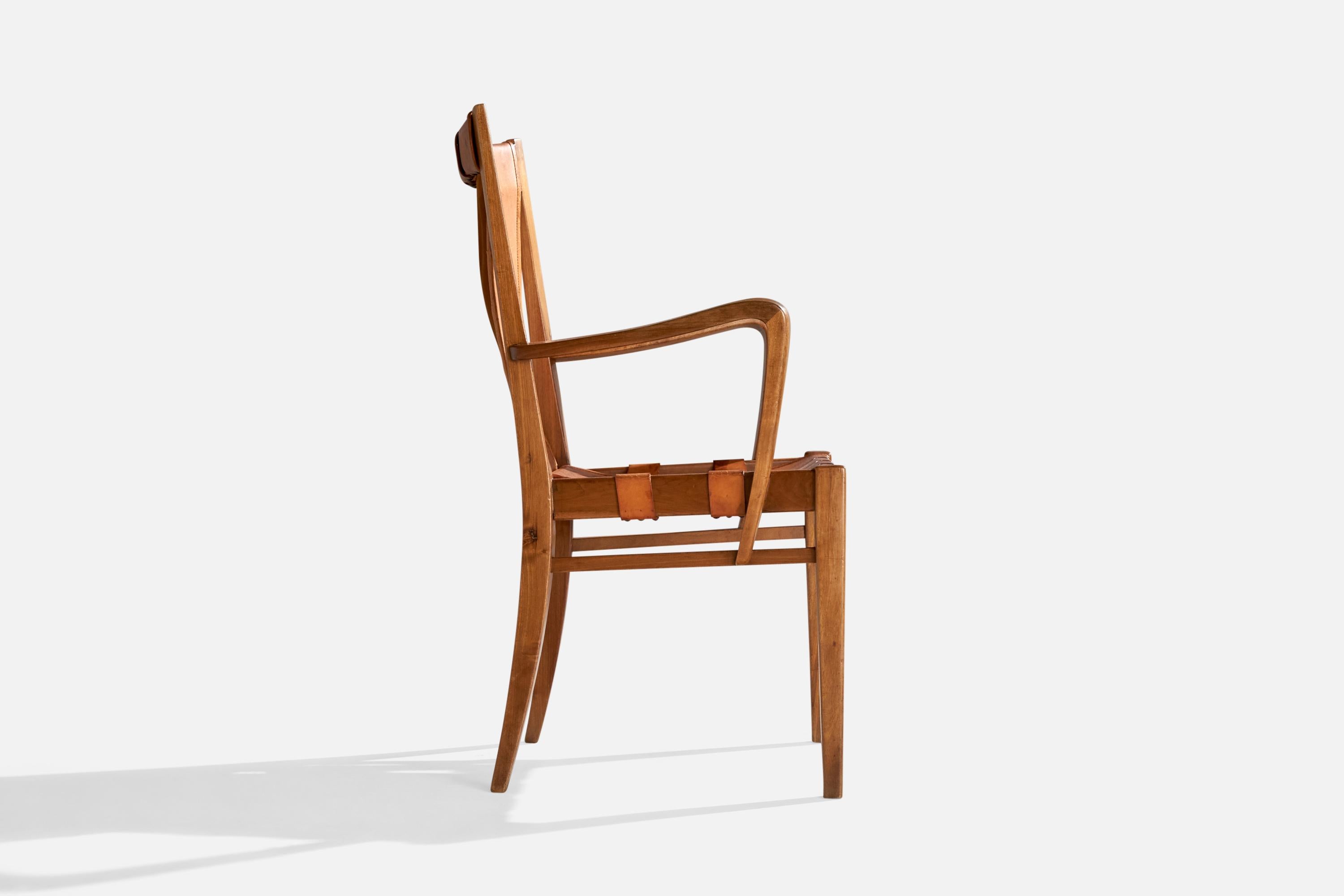 Mid-20th Century Guglielmo Pecorini, Armchair, Walnut, Leather, Italy, 1940s For Sale
