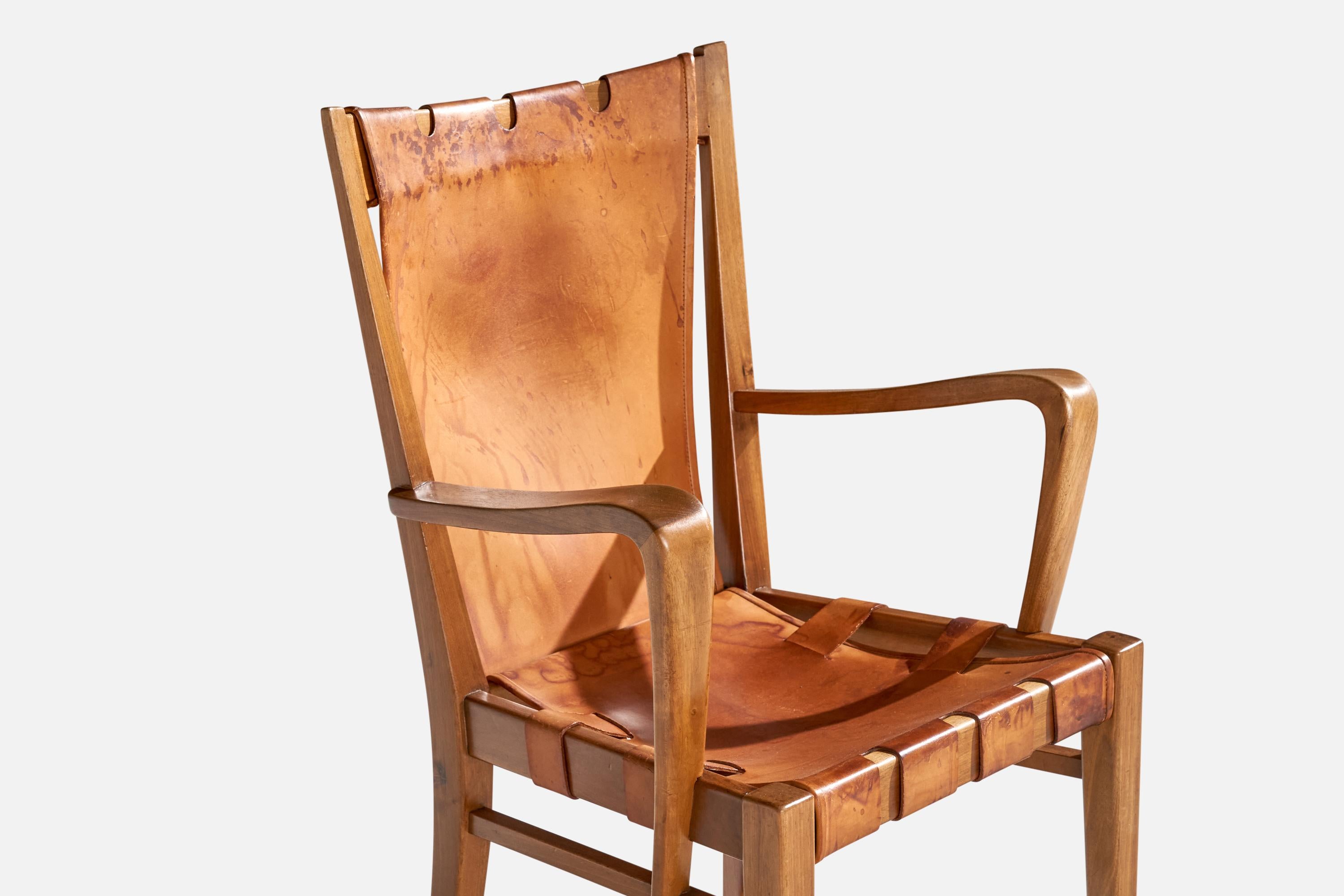 Guglielmo Pecorini, Armchair, Walnut, Leather, Italy, 1940s For Sale 1