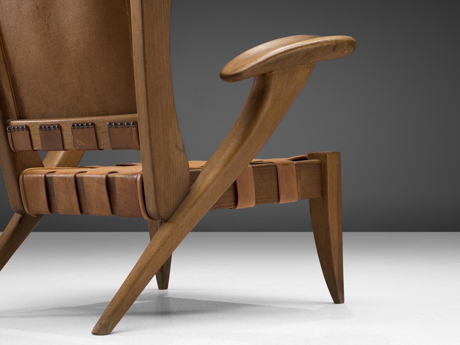 Guglielmo Pecorini Cognac Leather Lounge Chair In Good Condition In Waalwijk, NL