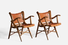Guglielmo Pecorini, Folding Arm Chairs, Walnut, Leather, Italy, 1940s