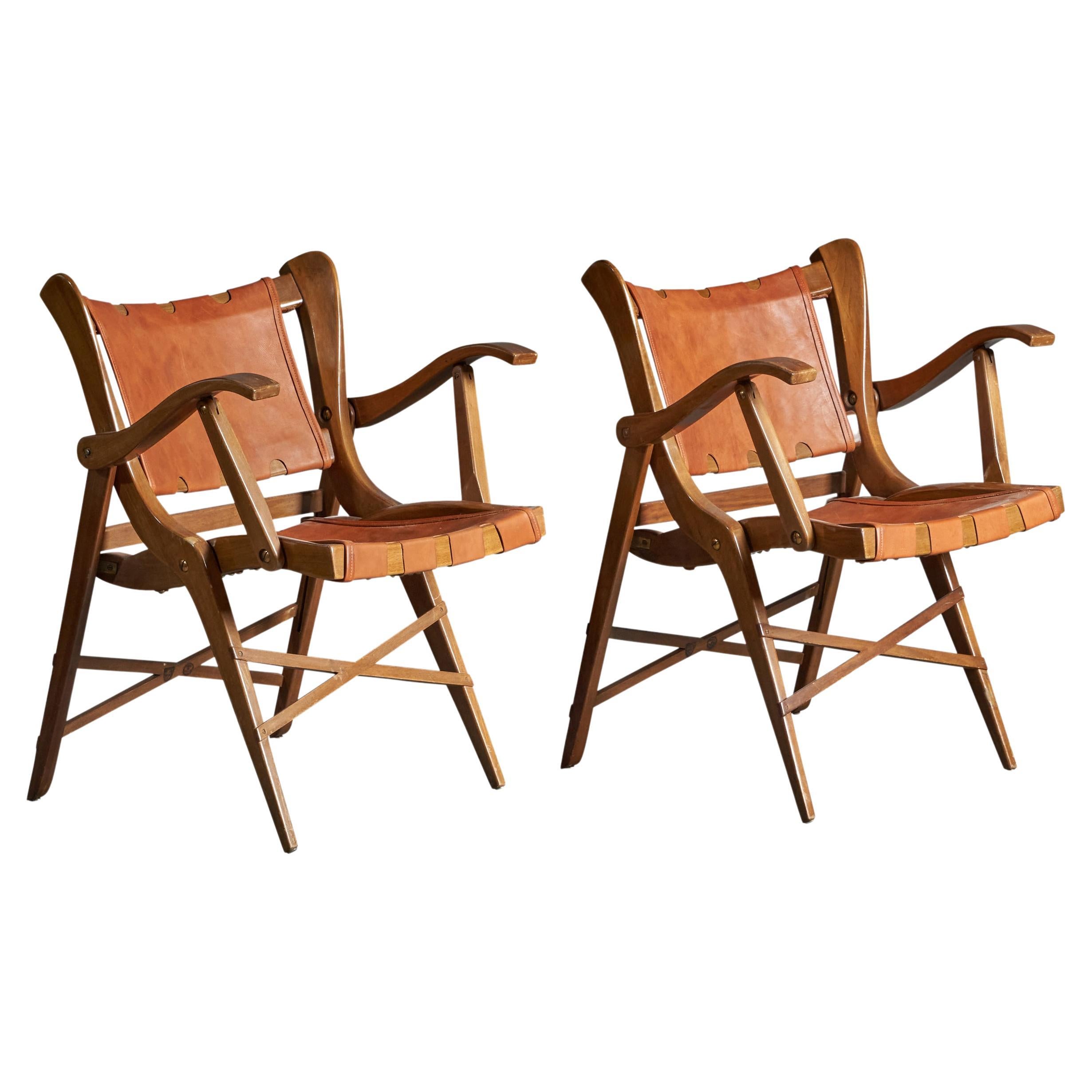 Guglielmo Pecorini, Folding Arm Chairs, Walnut, Leather, Italy, 1940s For Sale