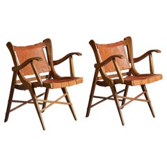 Guglielmo Pecorini, Folding Arm Chairs, Walnut, Leather, Italy, 1940s