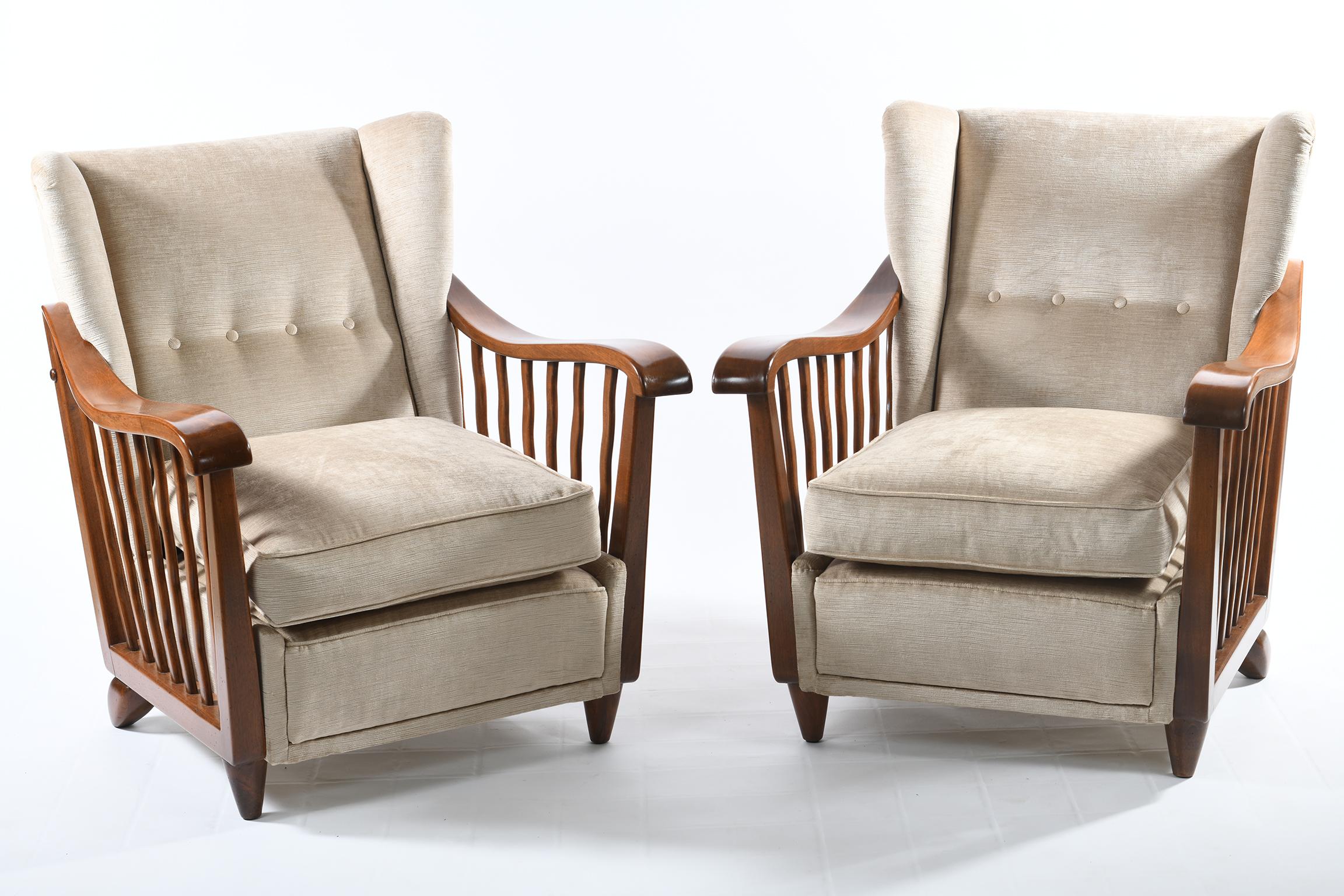 Four armchairs designed and produced by the Designer Guglielmo Pecorini Florence Italy in the early 1940s and made with a beautiful carved solid walnut, published in the famous Domus magazine directed by Gio Ponti, see attached photo.
Shaped and