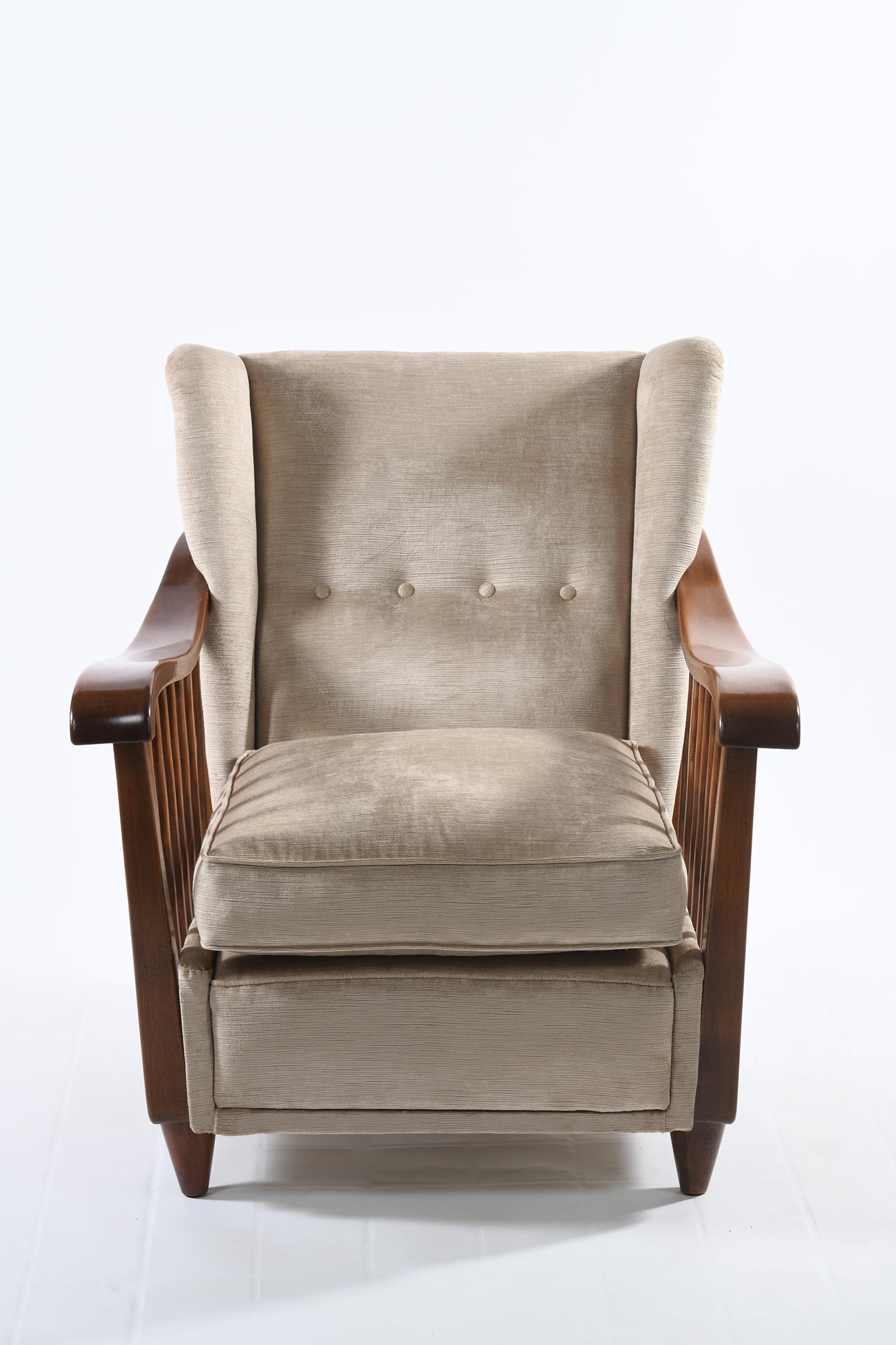 Wood Guglielmo Pecorini Italian Midcentury Four Published Armchairs, Velvet Covered