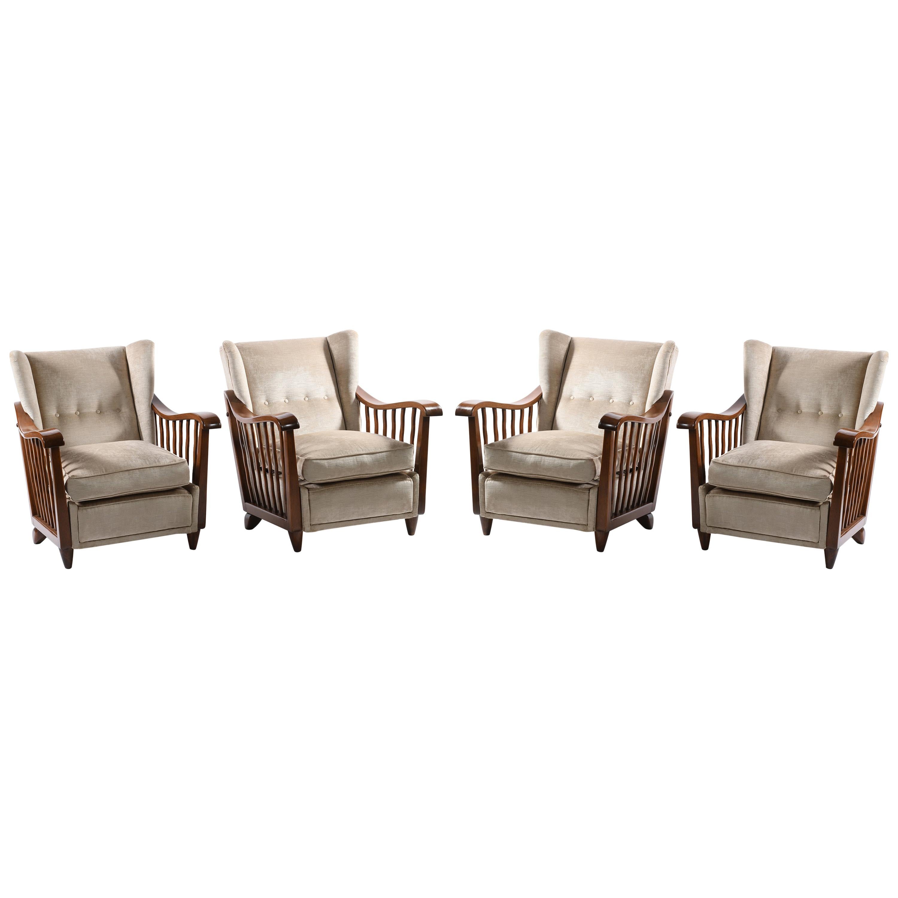 Guglielmo Pecorini Italian Midcentury Four Published Armchairs, Velvet Covered