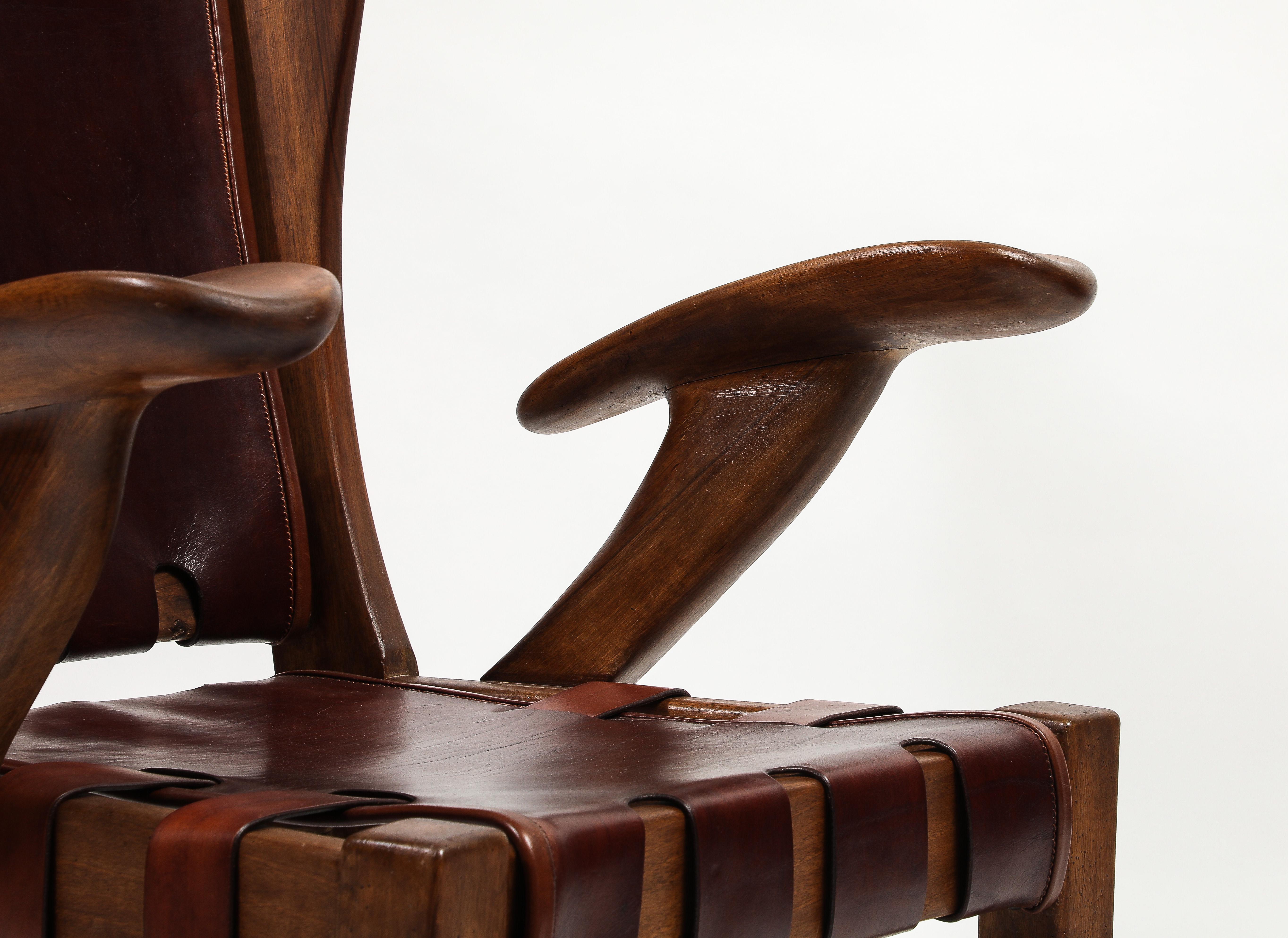 Guglielmo Pecorini Rare Highback Walnut and Burgundy Leather Lounge Chair 1940s 7