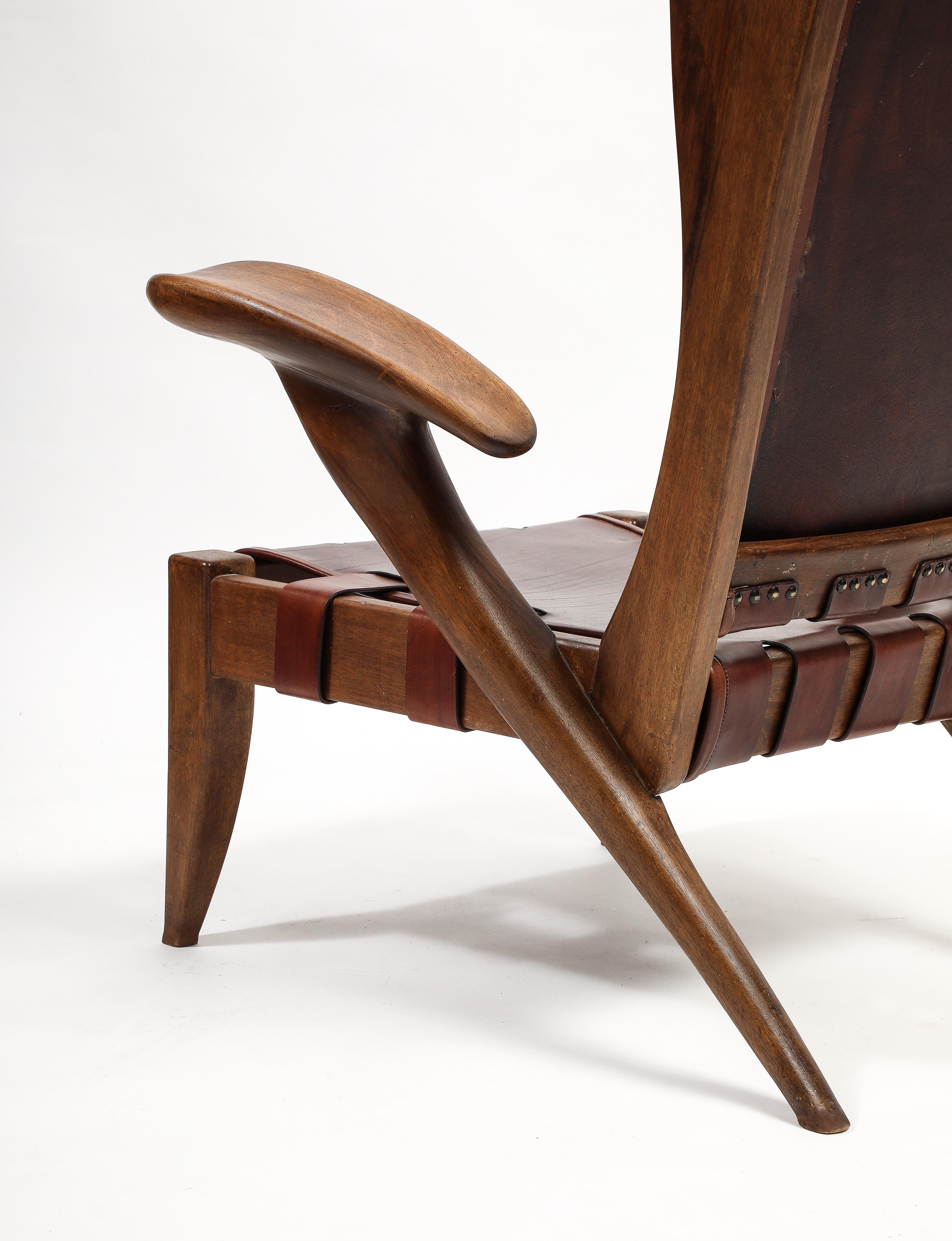 Guglielmo Pecorini Rare Highback Walnut and Burgundy Leather Lounge Chair 1940s 8