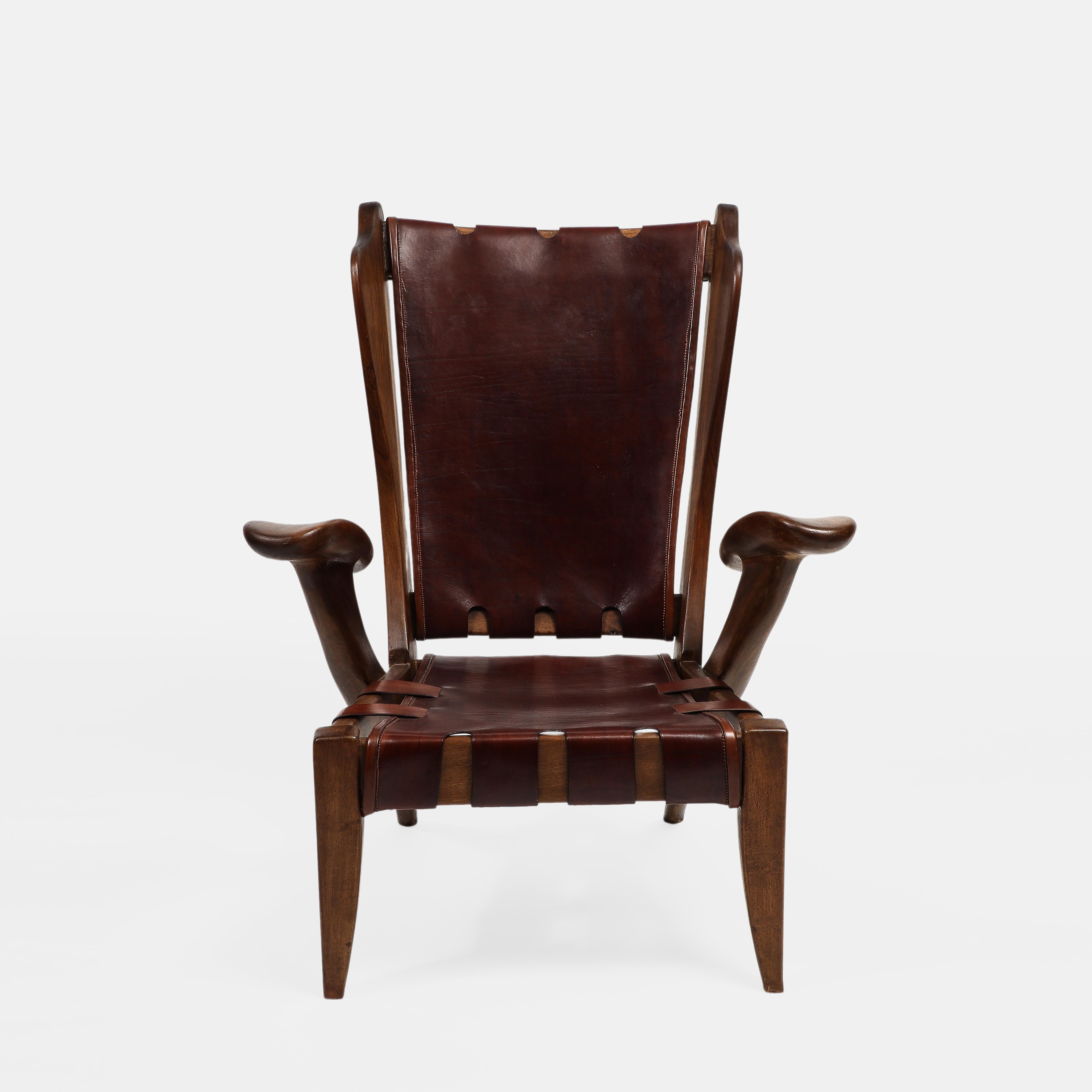 Mid-Century Modern Guglielmo Pecorini Rare Highback Walnut and Burgundy Leather Lounge Chair 1940s