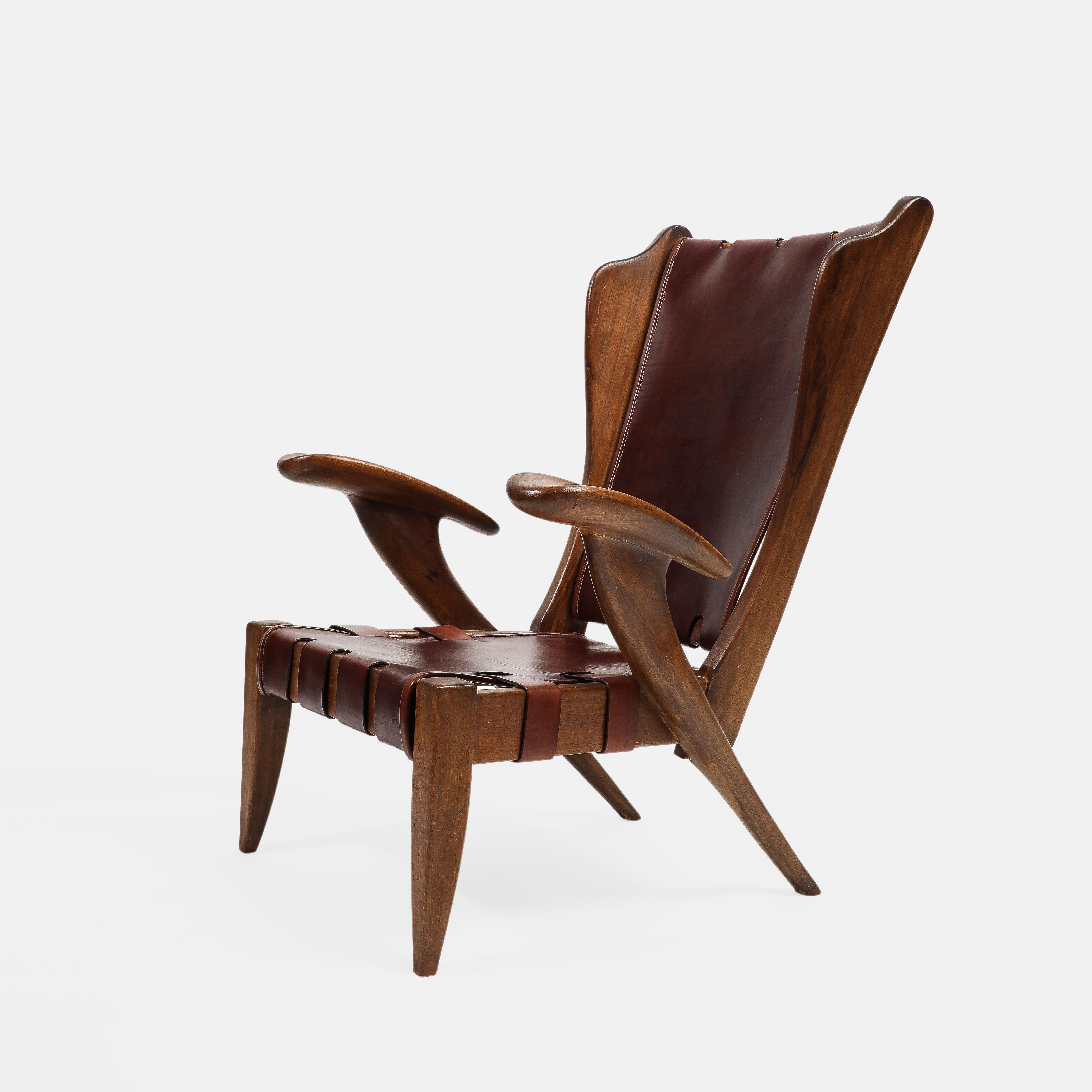 Italian Guglielmo Pecorini Rare Highback Walnut and Burgundy Leather Lounge Chair 1940s