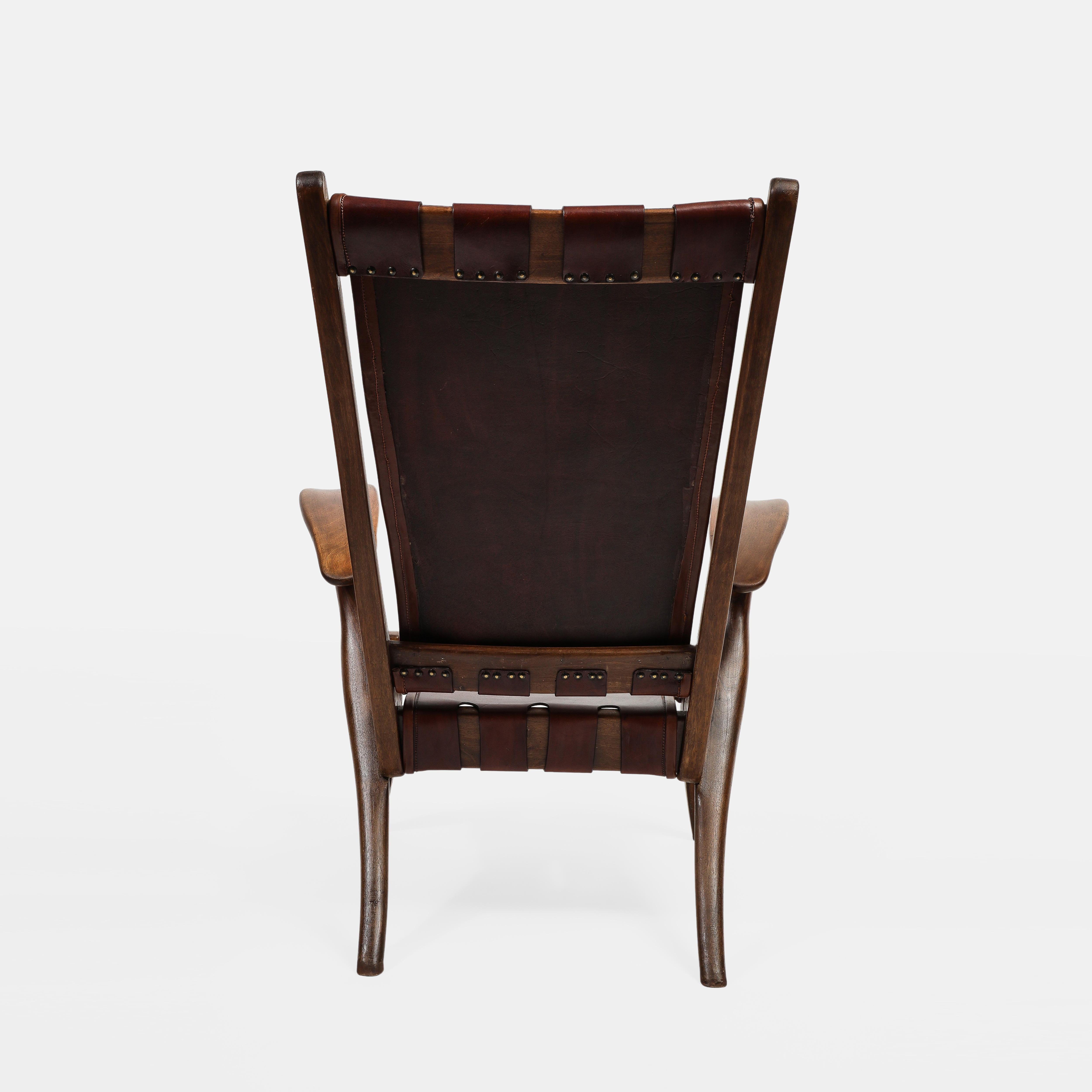Guglielmo Pecorini Rare Highback Walnut and Burgundy Leather Lounge Chair 1940s 1