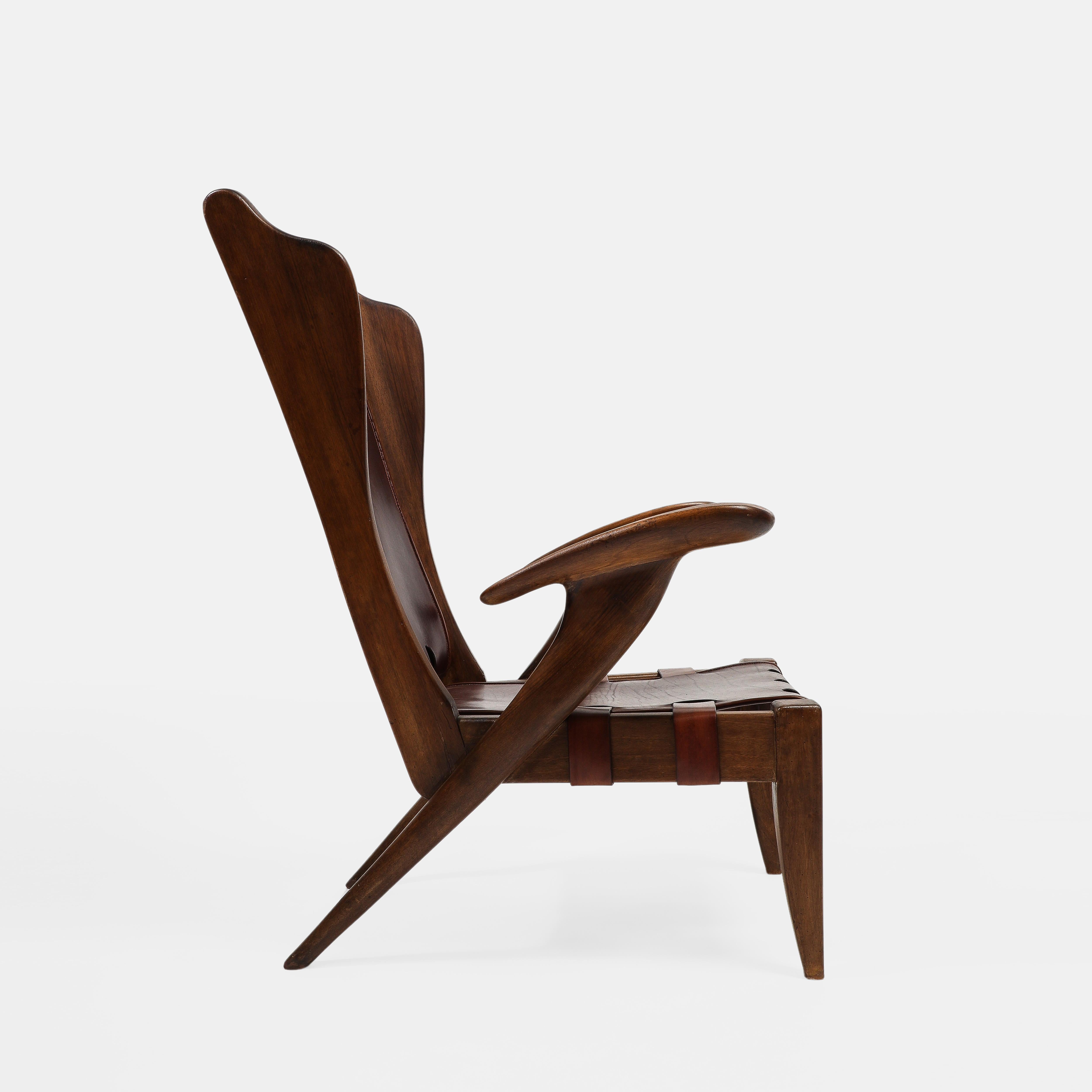 Guglielmo Pecorini Rare Highback Walnut and Burgundy Leather Lounge Chair 1940s 3