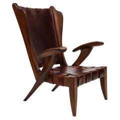 Guglielmo Pecorini Rare Highback Walnut and Burgundy Leather Lounge Chair 1940s