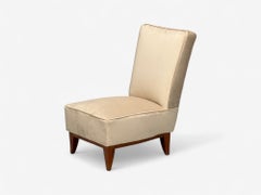 Guglielmo Pecorini, Stained Wood, Beige Velvet, Low Lounge Chair, Italy, 1950s