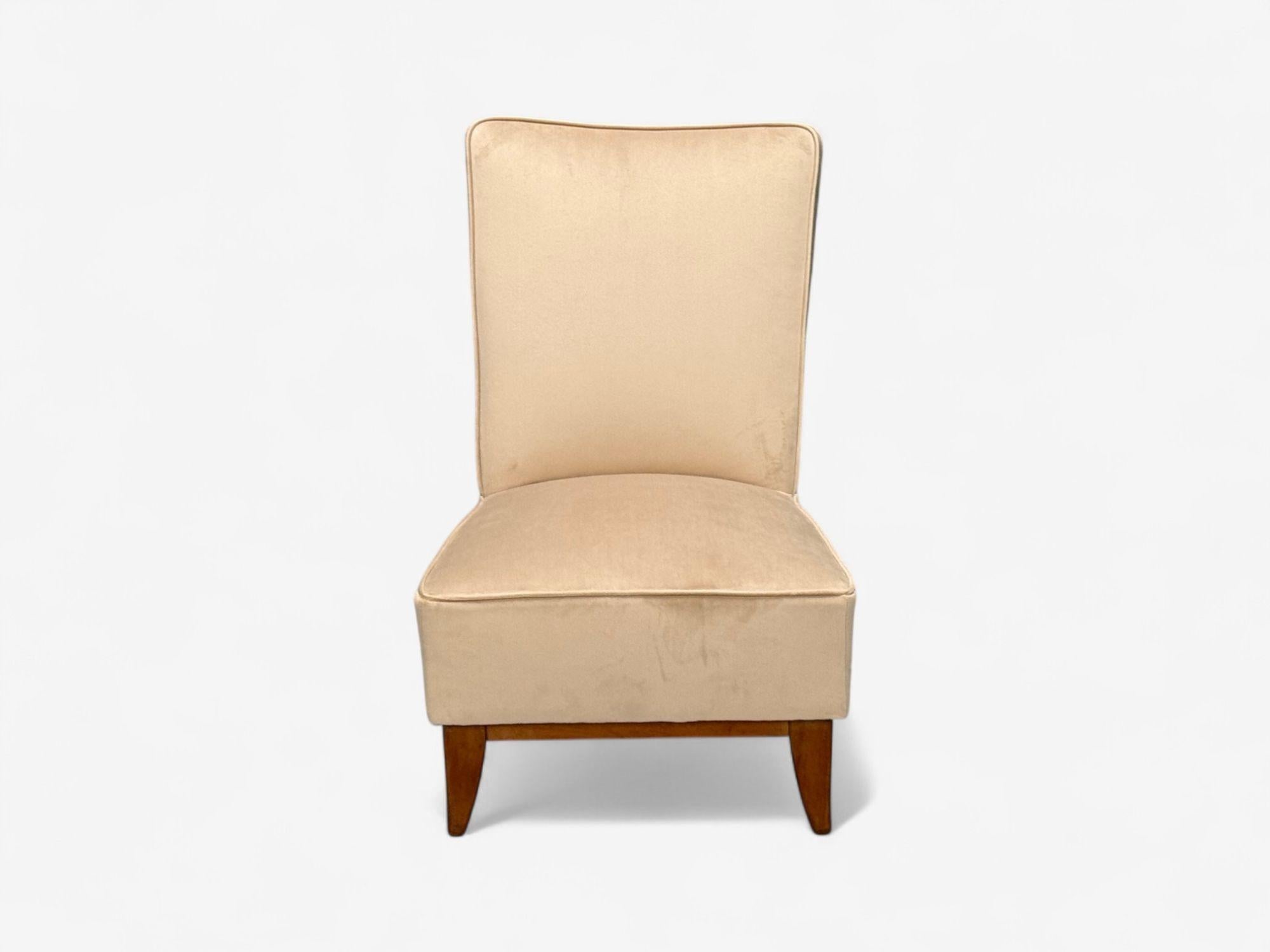 Guglielmo Pecorini, Gebeiztes Holz, Beigefarbener Samt, Niedriger Loungesessel, Italien, 1950er Jahre (Moderne der Mitte des Jahrhunderts) im Angebot