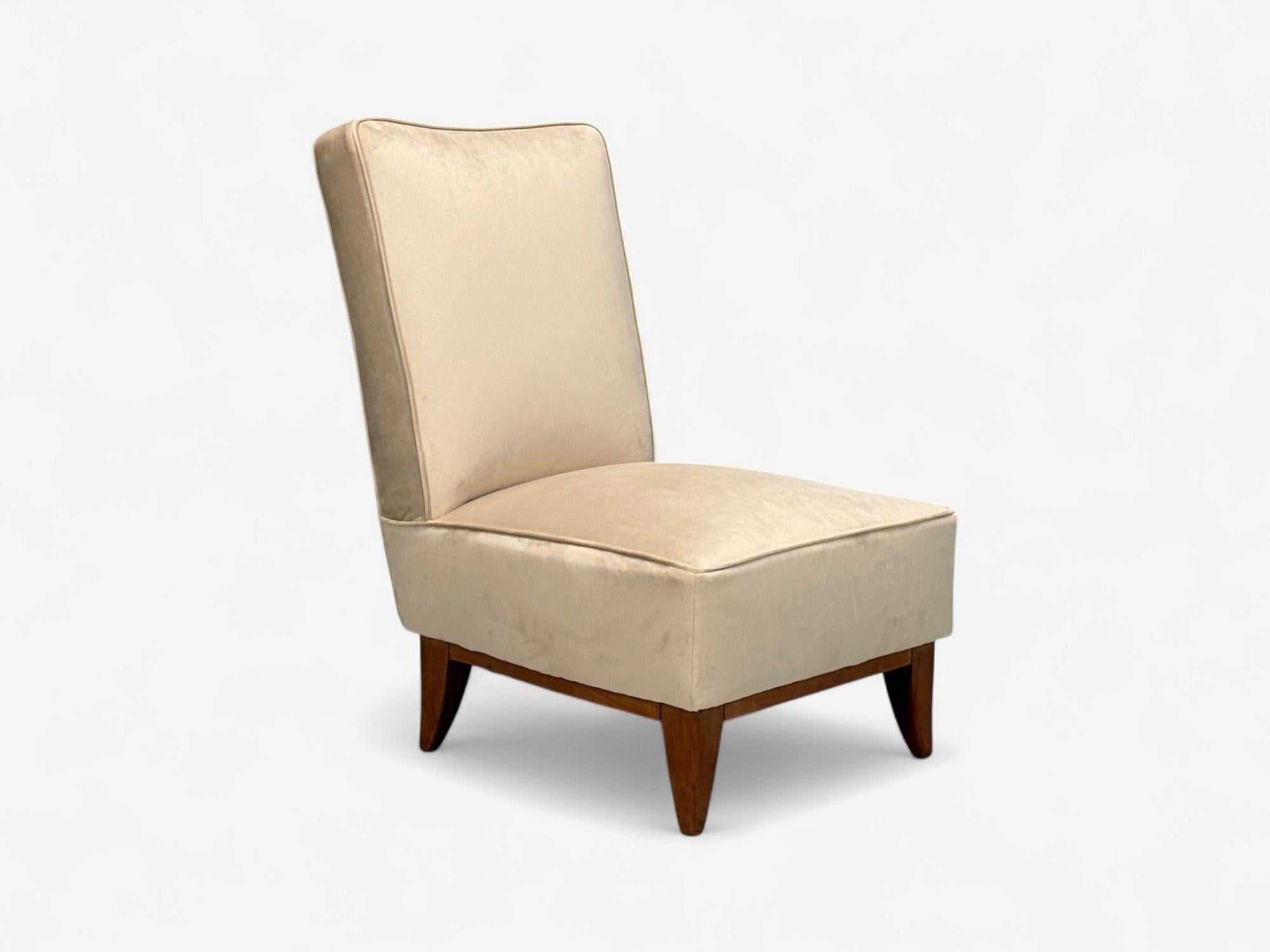 Guglielmo Pecorini, Gebeiztes Holz, Beigefarbener Samt, Niedriger Loungesessel, Italien, 1950er Jahre (Italienisch) im Angebot