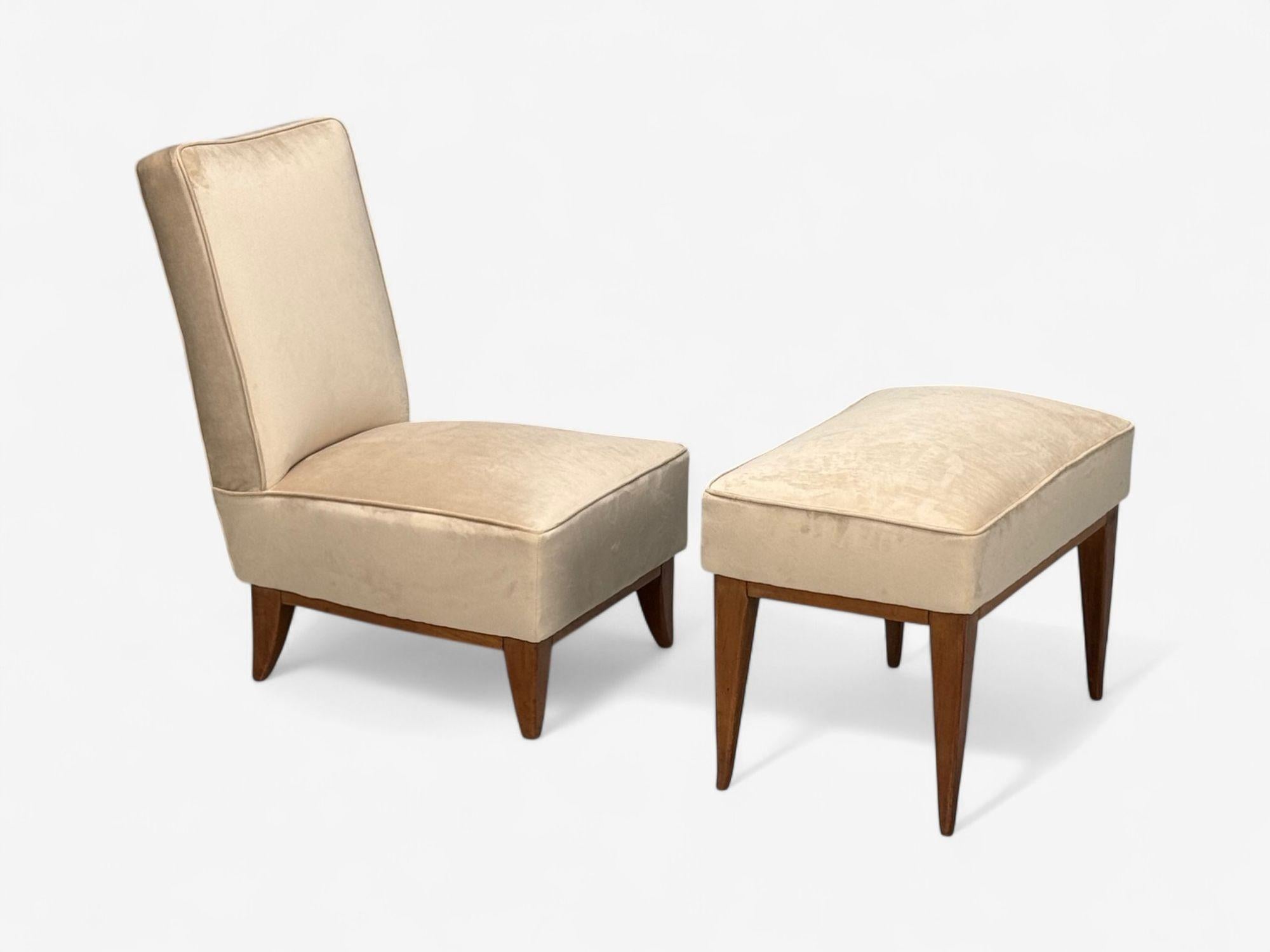 Guglielmo Pecorini, Gebeiztes Holz, Beige Samt, Ottomane, Italien, 1950er Jahre im Angebot 4