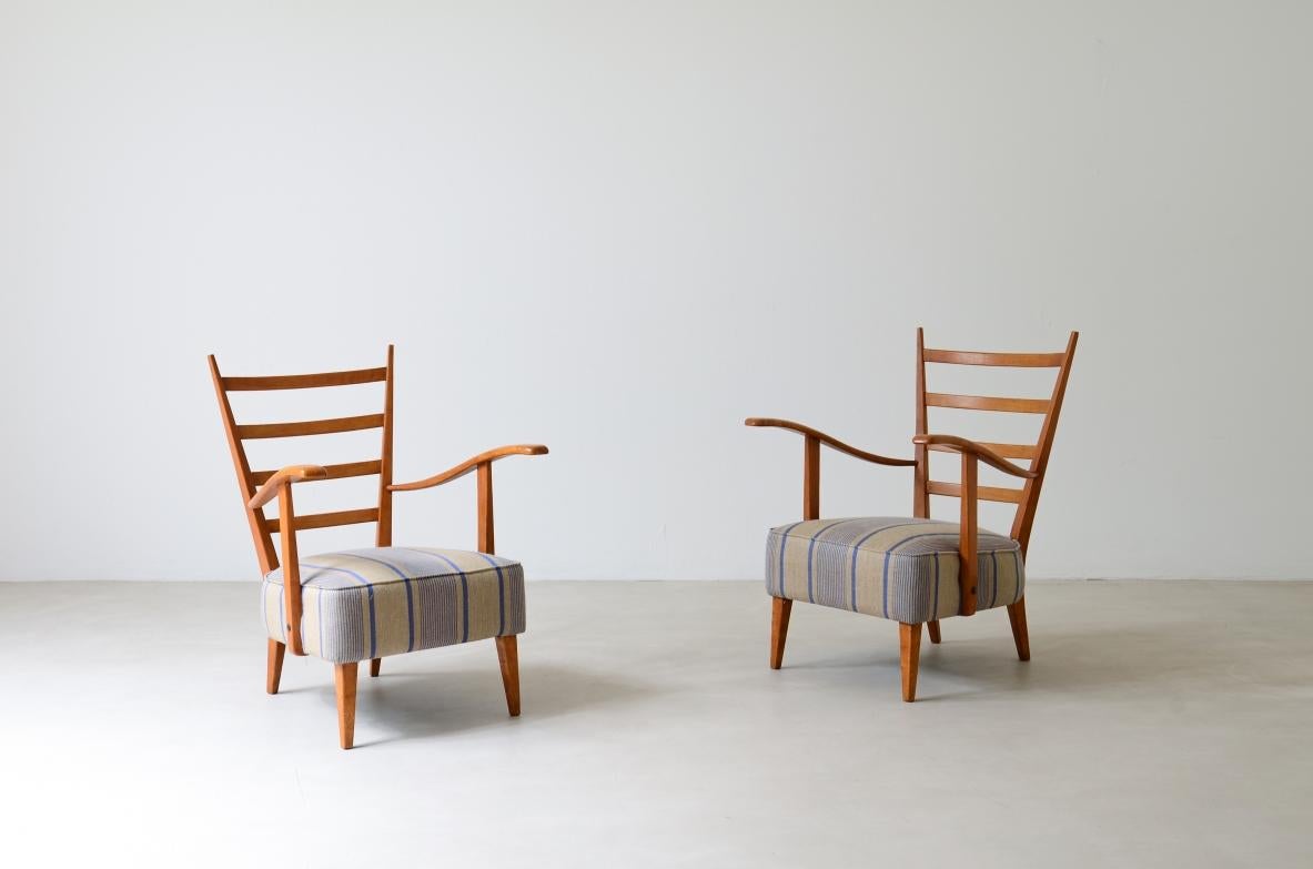20th Century Guglielmo Pecorini's pair of shaped cherry wood armchairs For Sale