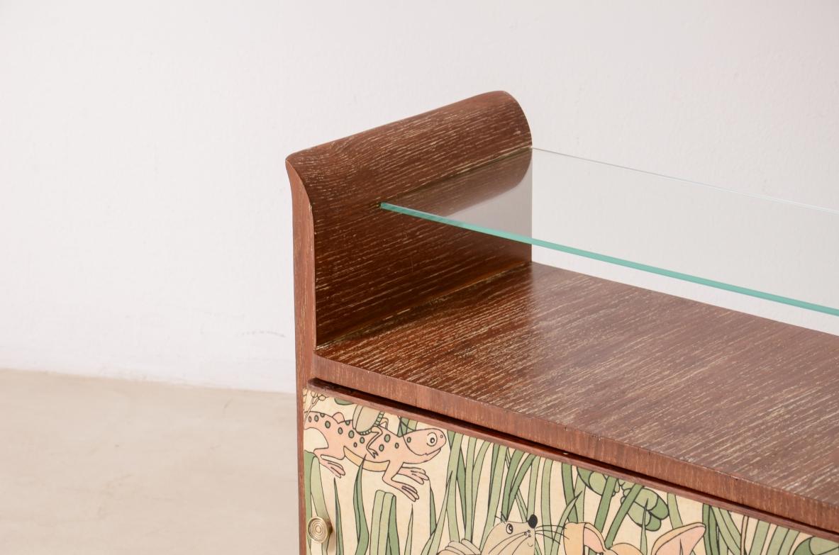 Mid-Century Modern Guglielmo Pecorini's small rare container unit in scratched oak and fabric For Sale