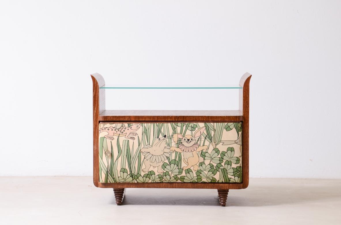 Guglielmo Pecorini's small rare container unit in scratched oak and fabric In Excellent Condition For Sale In Milano, IT