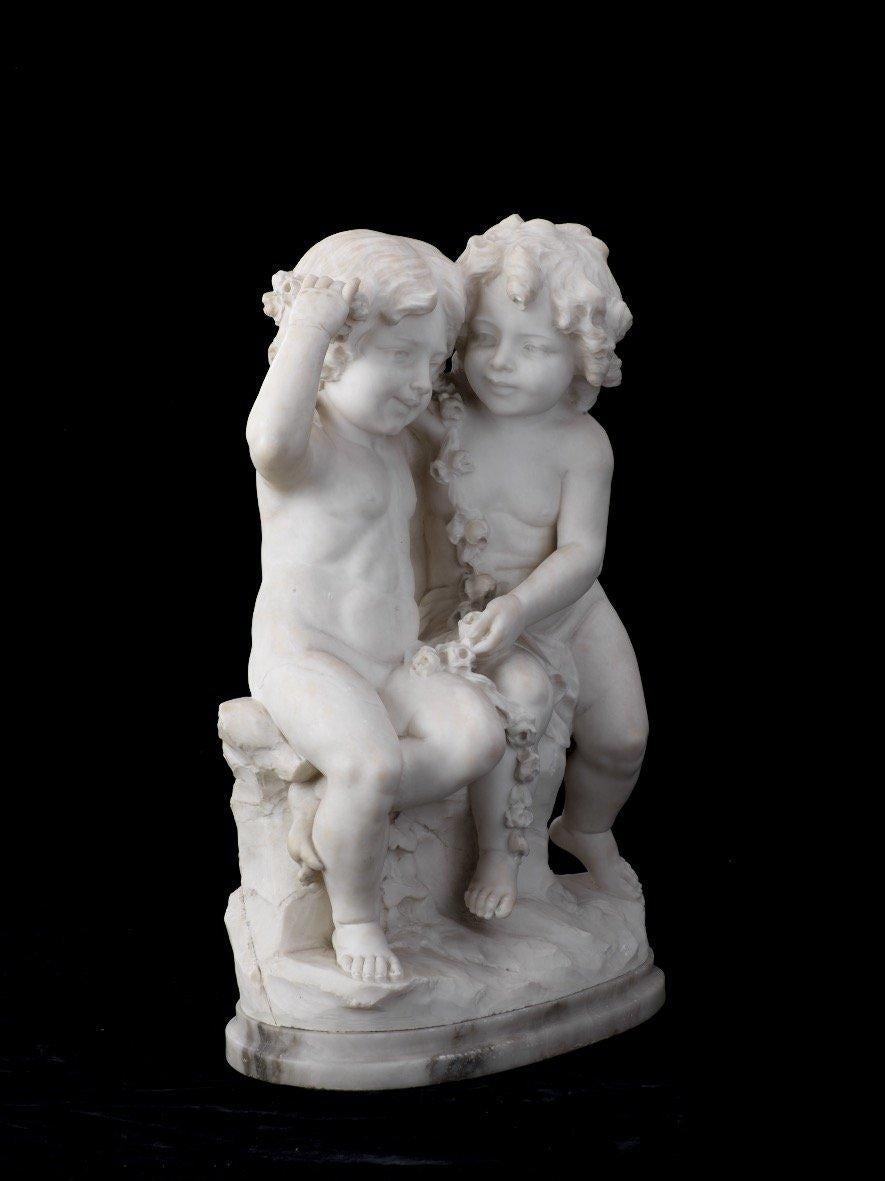 Fin du 19e siècle, Guglielmo Pugi, Sculpture italienne en marbre représentant deux filles 6