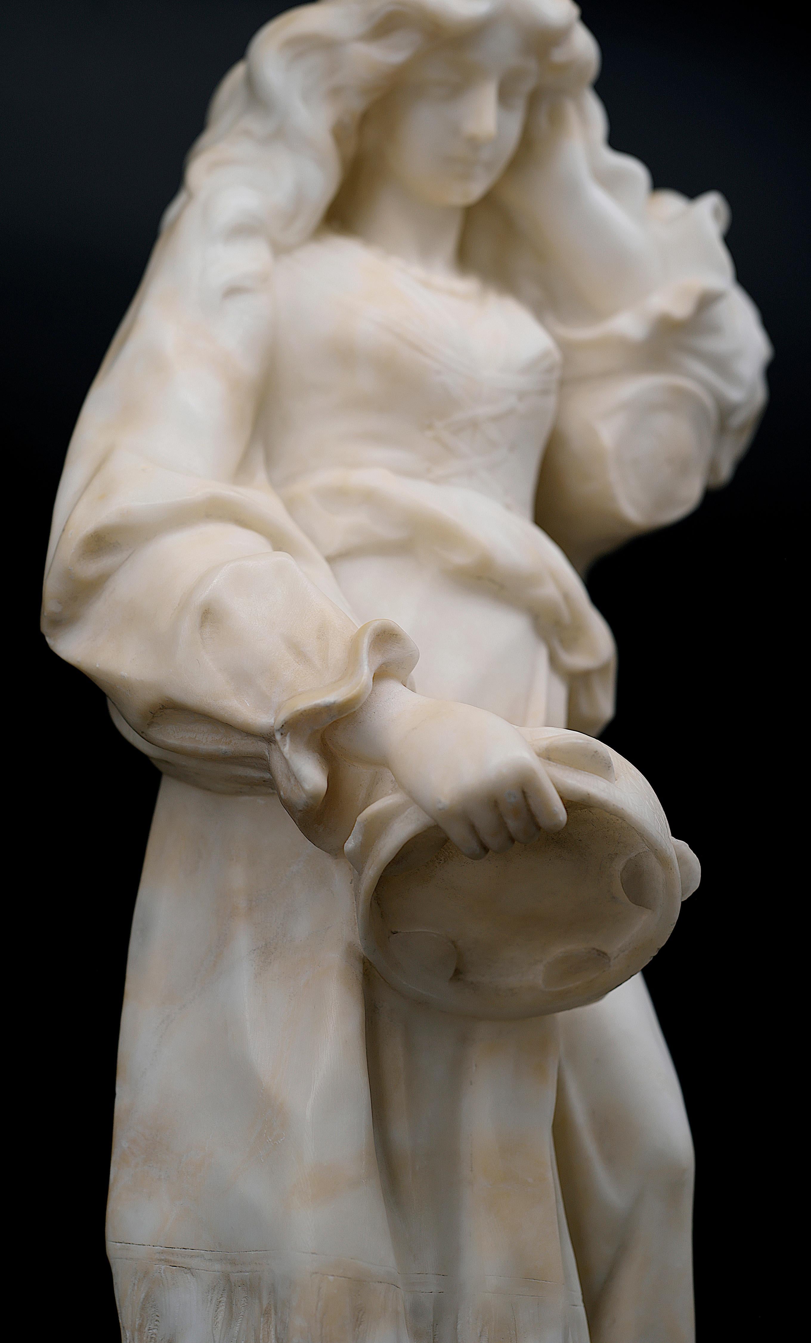 Guglielmo PUGI Young Gipsy with Tambourine Alabaster Sculpture, 1880s For Sale 7