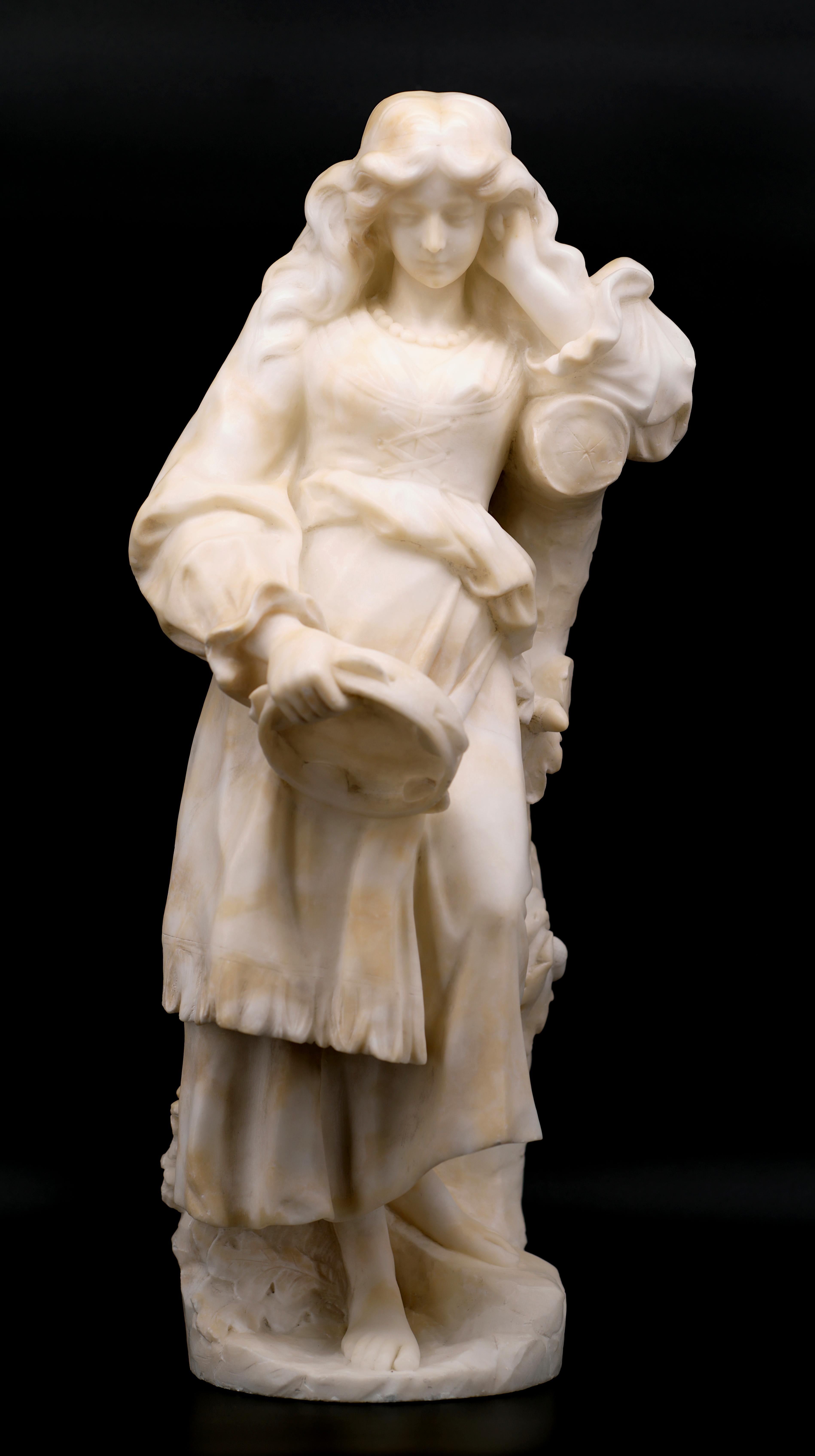 Genuine tall alabaster sculpture by Guglielmo PUGI (1858-1941), Florence, Italy,  1880s. Young girl with tambourine, perhaps a gypsy. On its base. Direct carving.  With base - Height : 24.6