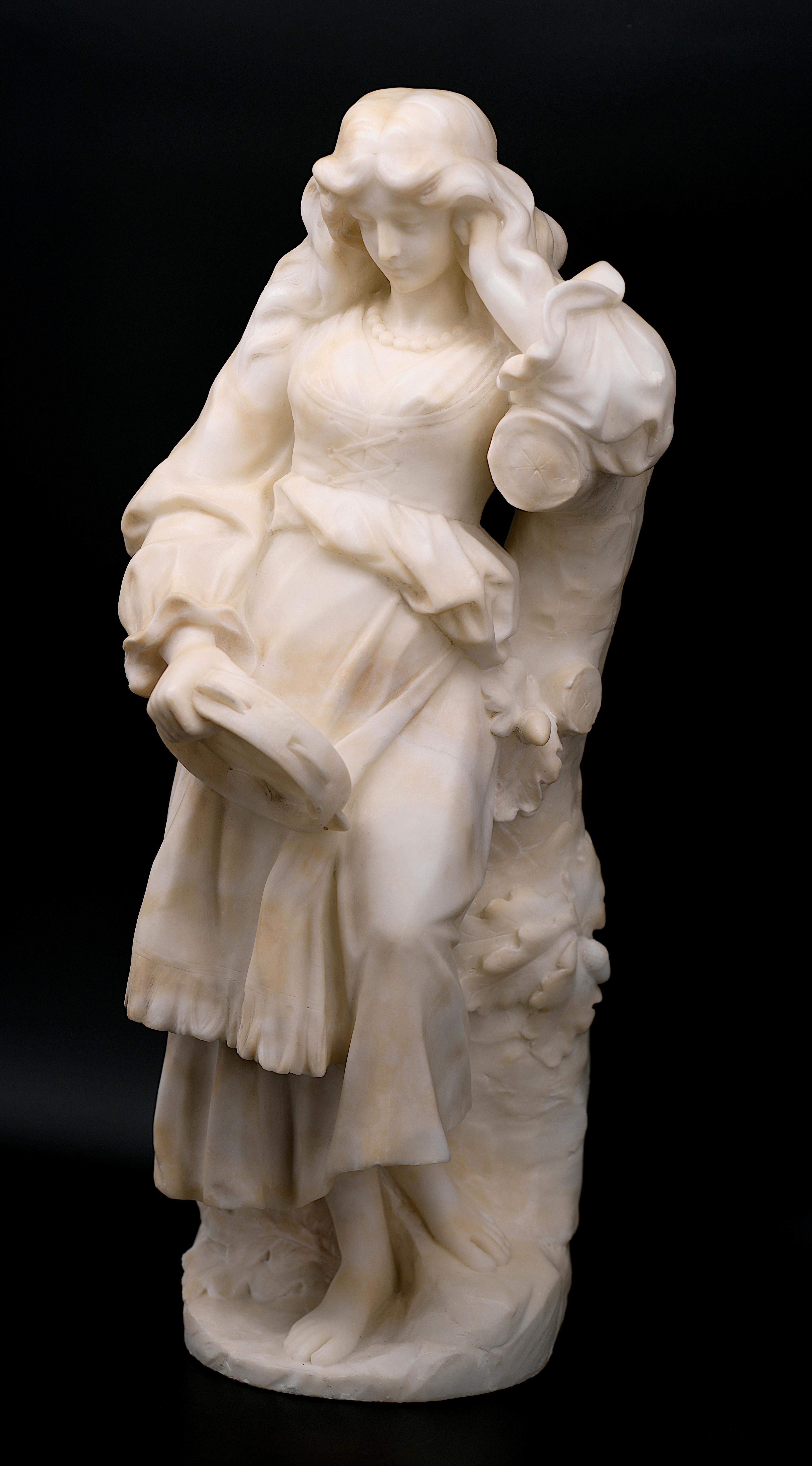 Art Nouveau Guglielmo PUGI Young Gipsy with Tambourine Alabaster Sculpture, 1880s For Sale