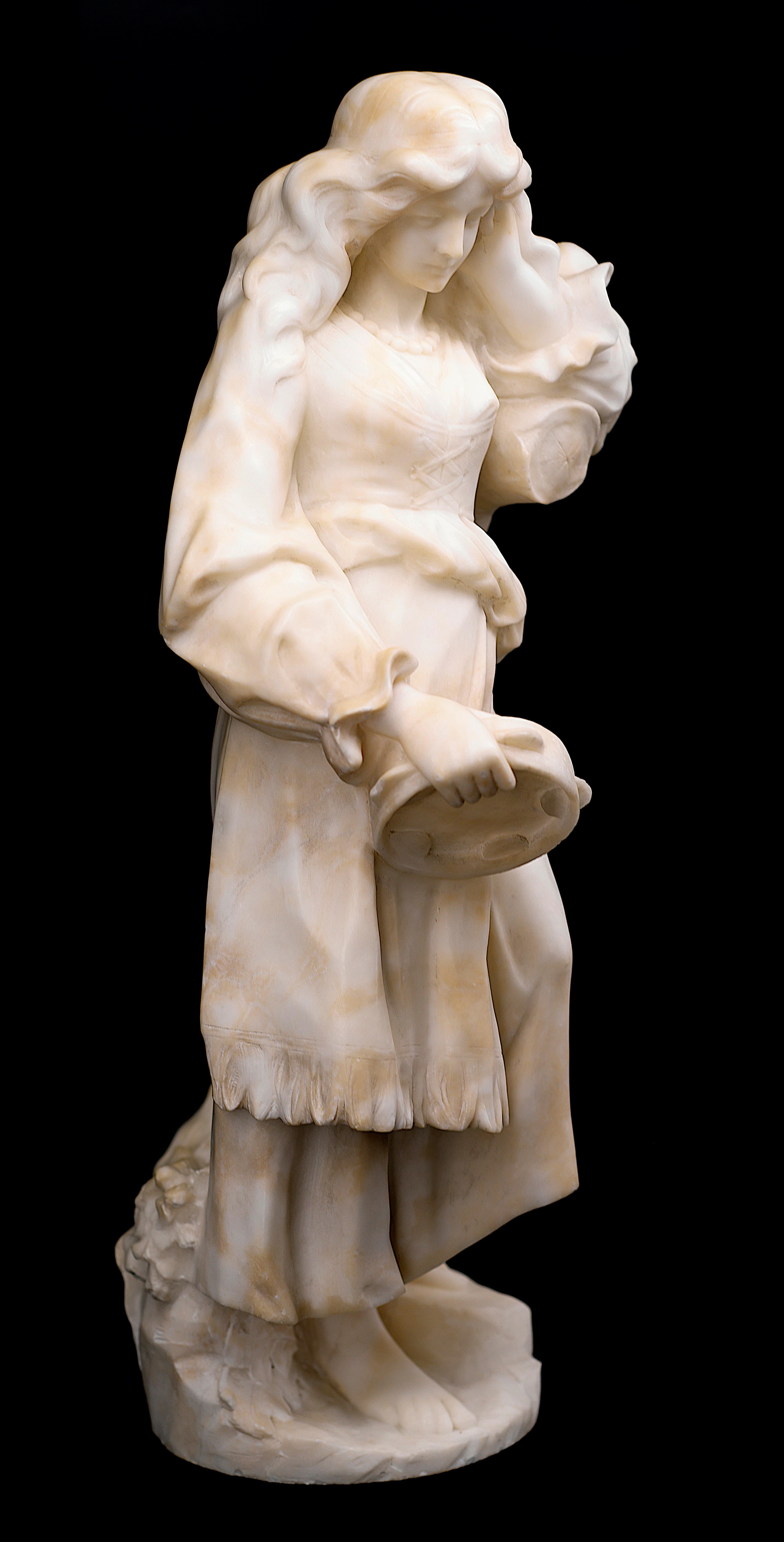 Italian Guglielmo PUGI Young Gipsy with Tambourine Alabaster Sculpture, 1880s For Sale