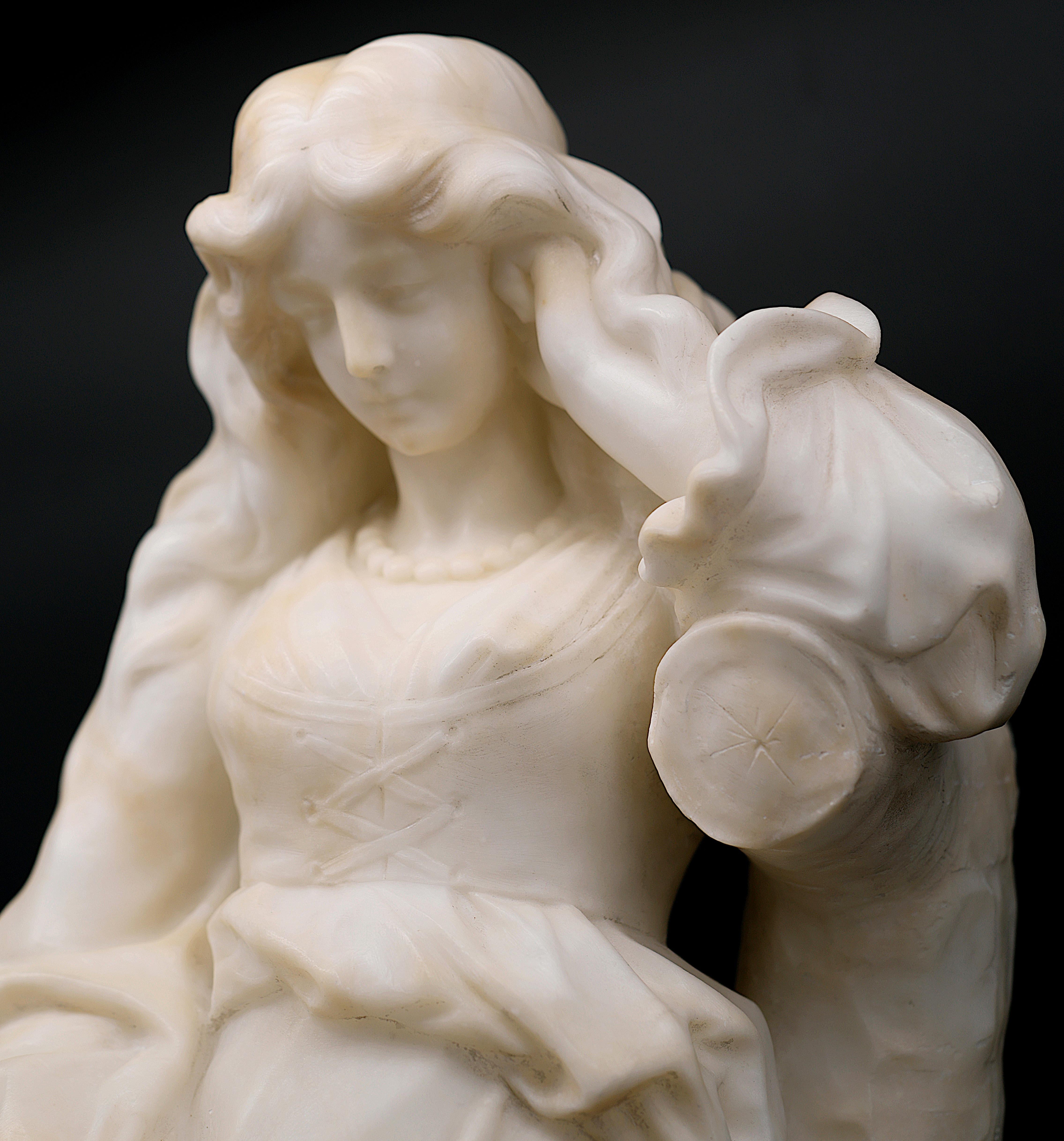 Guglielmo PUGI Young Gipsy with Tambourine Alabaster Sculpture, 1880s For Sale 2