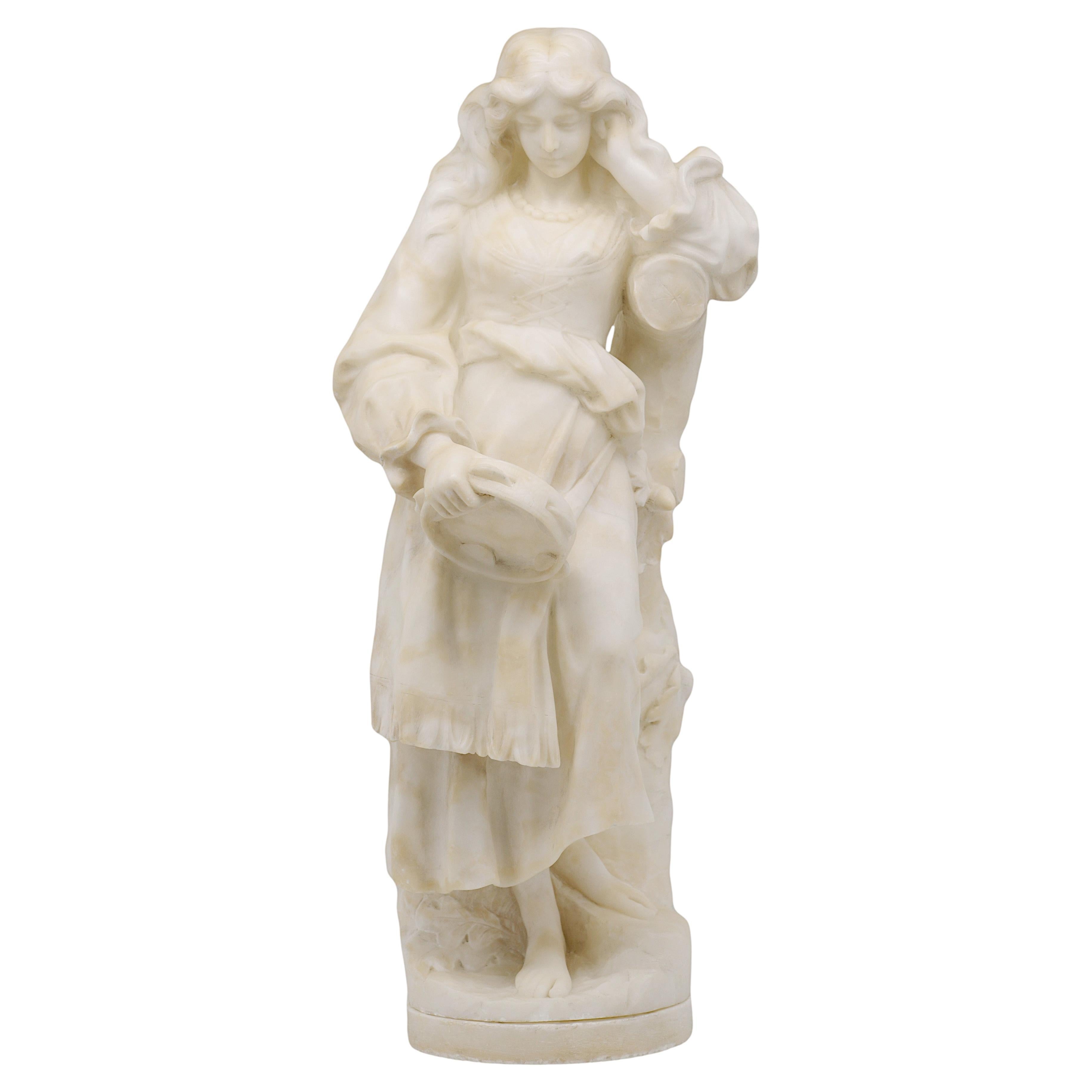 Guglielmo PUGI Young Gipsy with Tambourine Alabaster Sculpture, 1880s For Sale