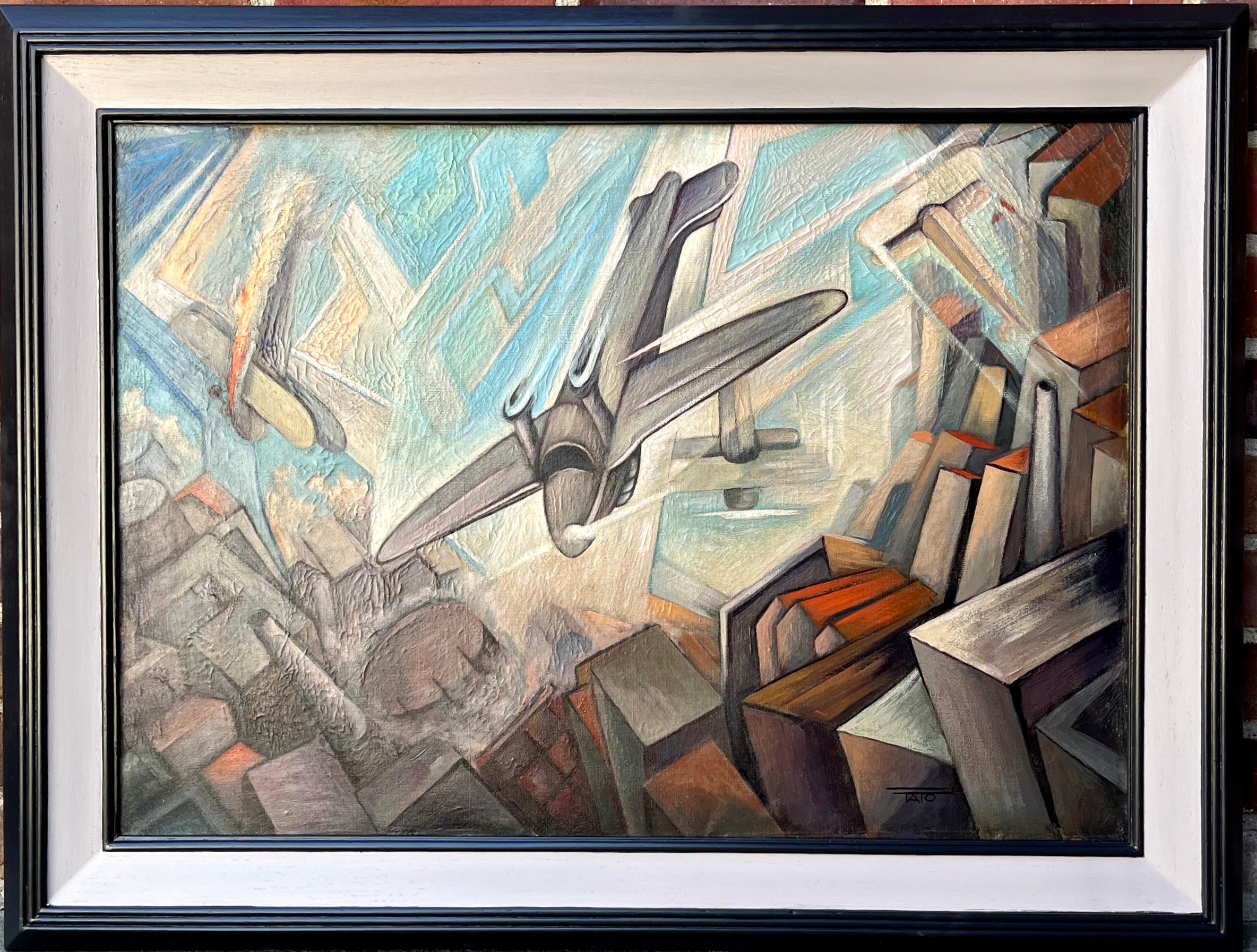 « Airplanes Dive Over Enemy Skies », avion de transport futuriste italien - Gris Landscape Painting par Guglielmo Tato Sansoni