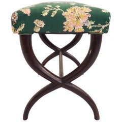 Guglielmo Ulrich 1940 Italian Design Stool in Super Elegant Flowered Green Satin