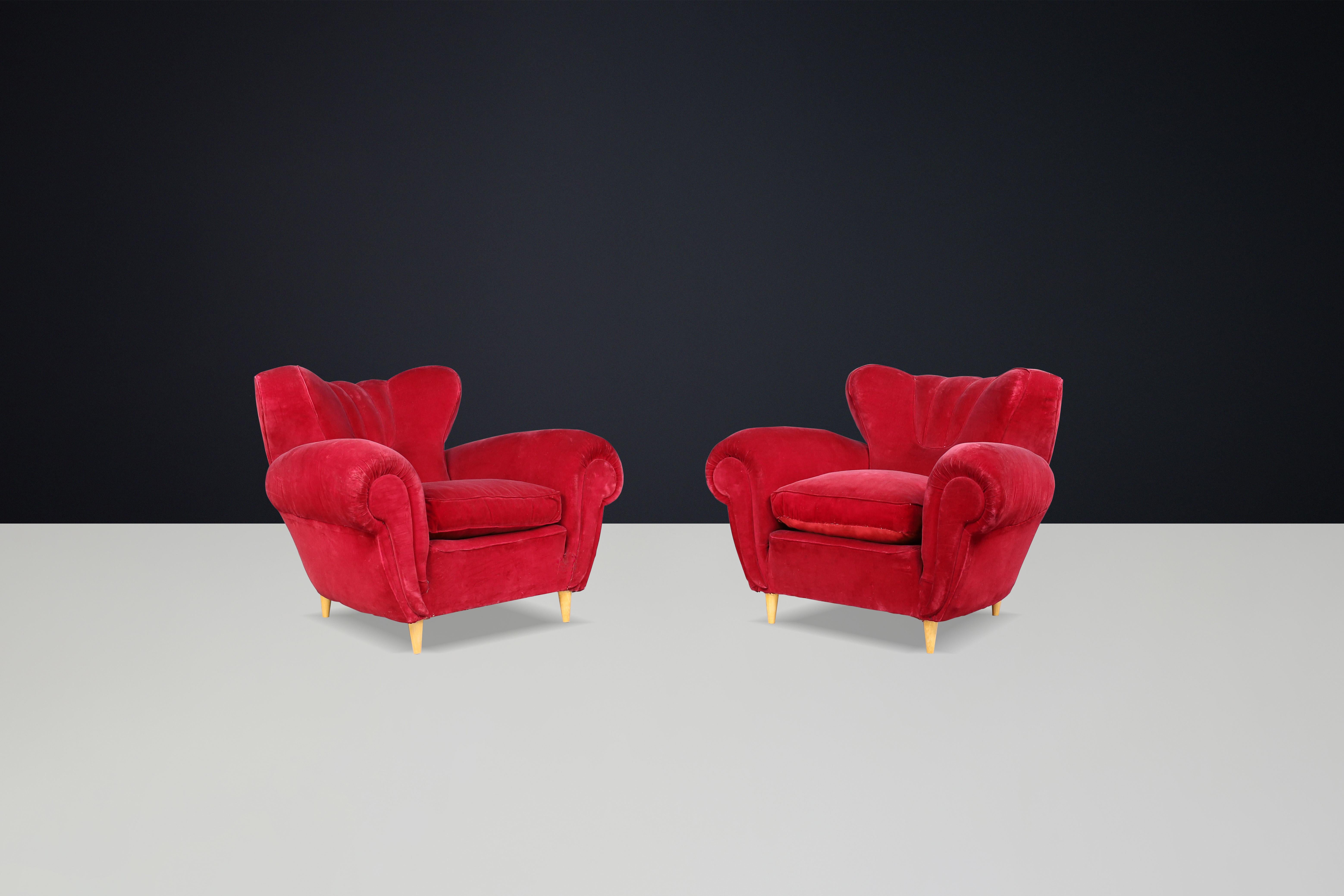 Mid-Century Modern Guglielmo Ulrich Art Deco Lounge Chairs in Original Velvet, Italy, 1930s
