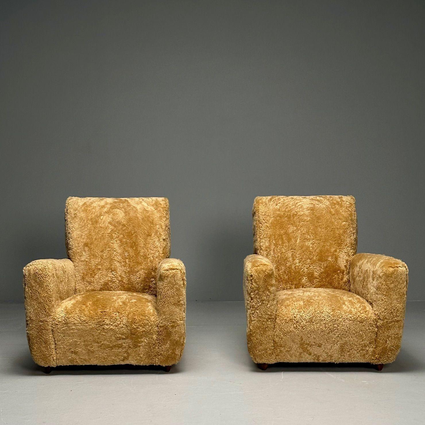 Mid-20th Century Guglielmo Ulrich Attr Italian Mid-Century Modern Lounge Chairs, Honey Shearling  For Sale