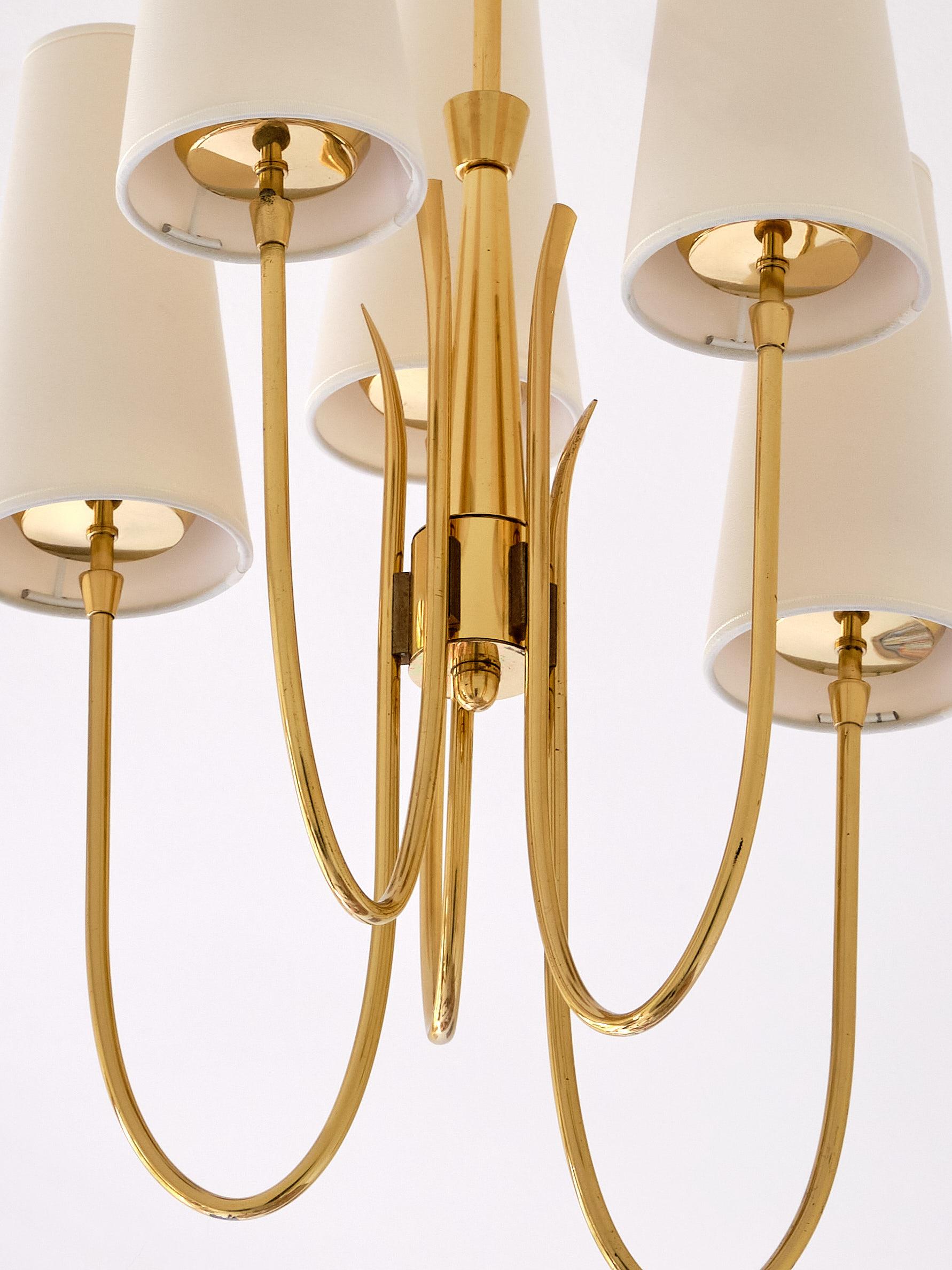 Guglielmo Ulrich Attributed Five Arm Chandelier, Brass and Fabric, Italy, 1940s 1