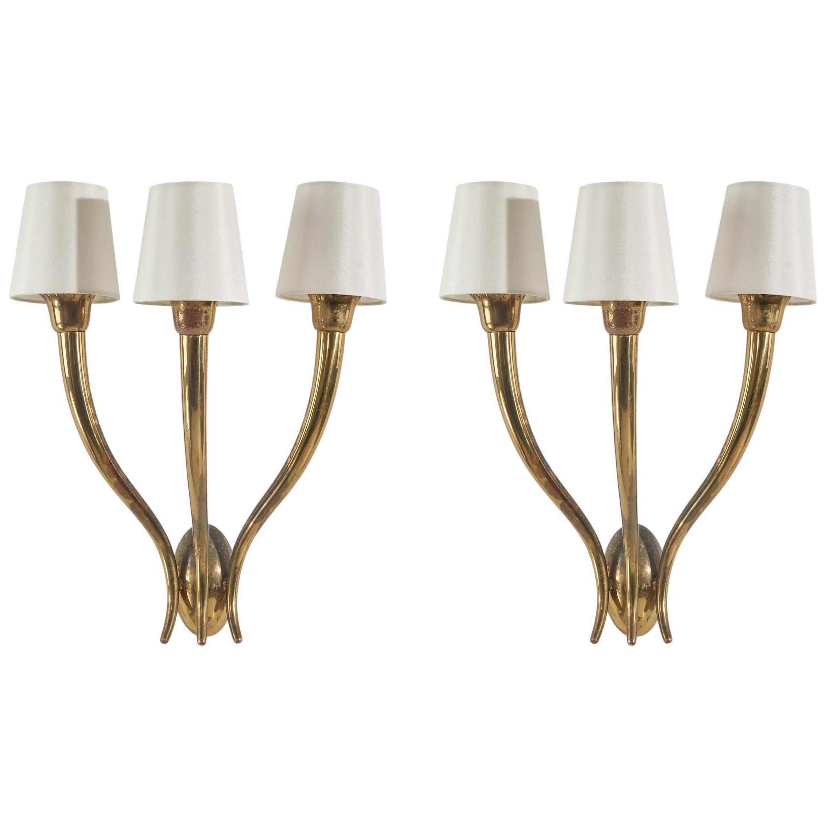 Guglielmo Ulrich Attribution, Sconces, Brass, Silk, Italy, 1940s For Sale