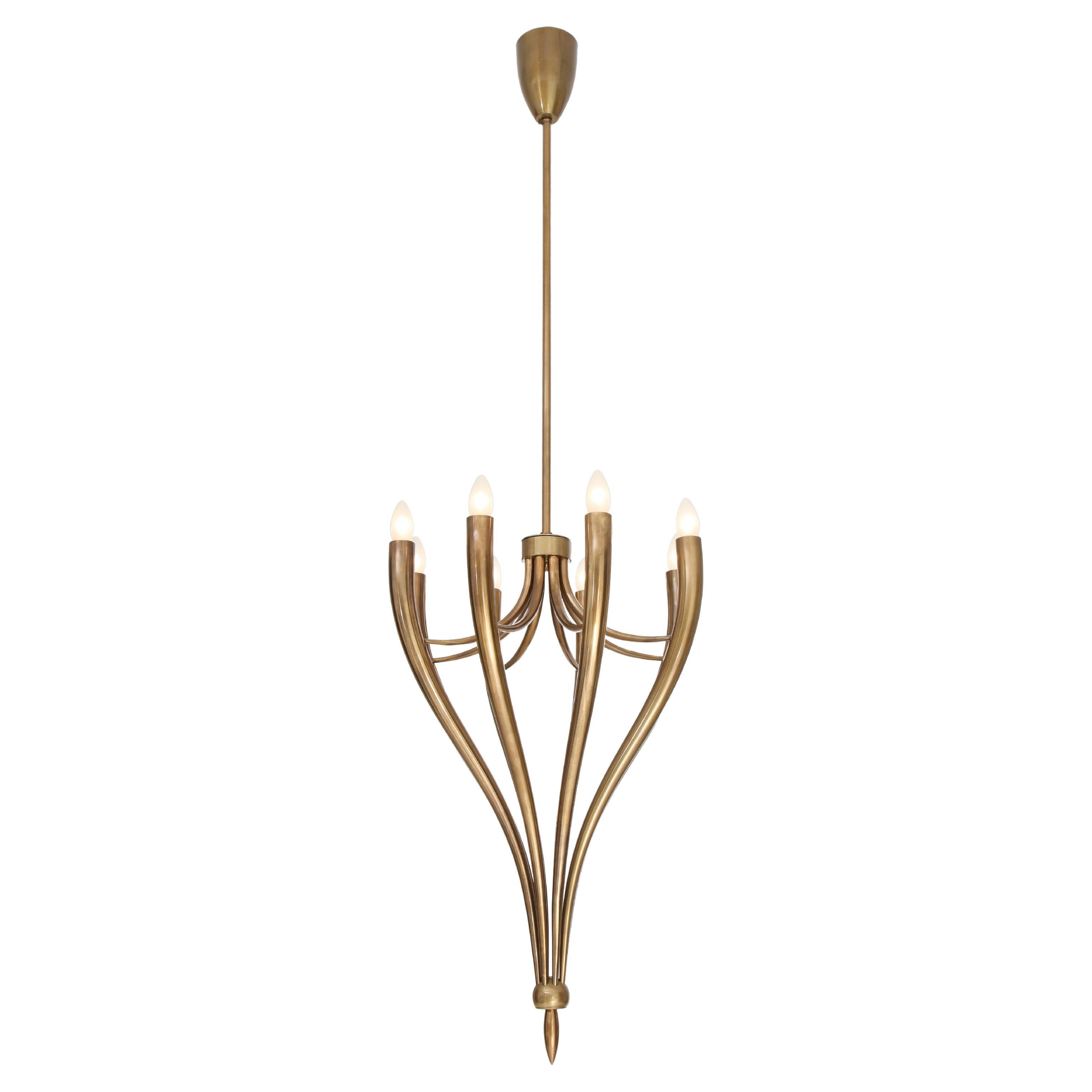 Guglielmo Ulrich Rare Eight-Arm Brass Chandelier, Italy, 1940s