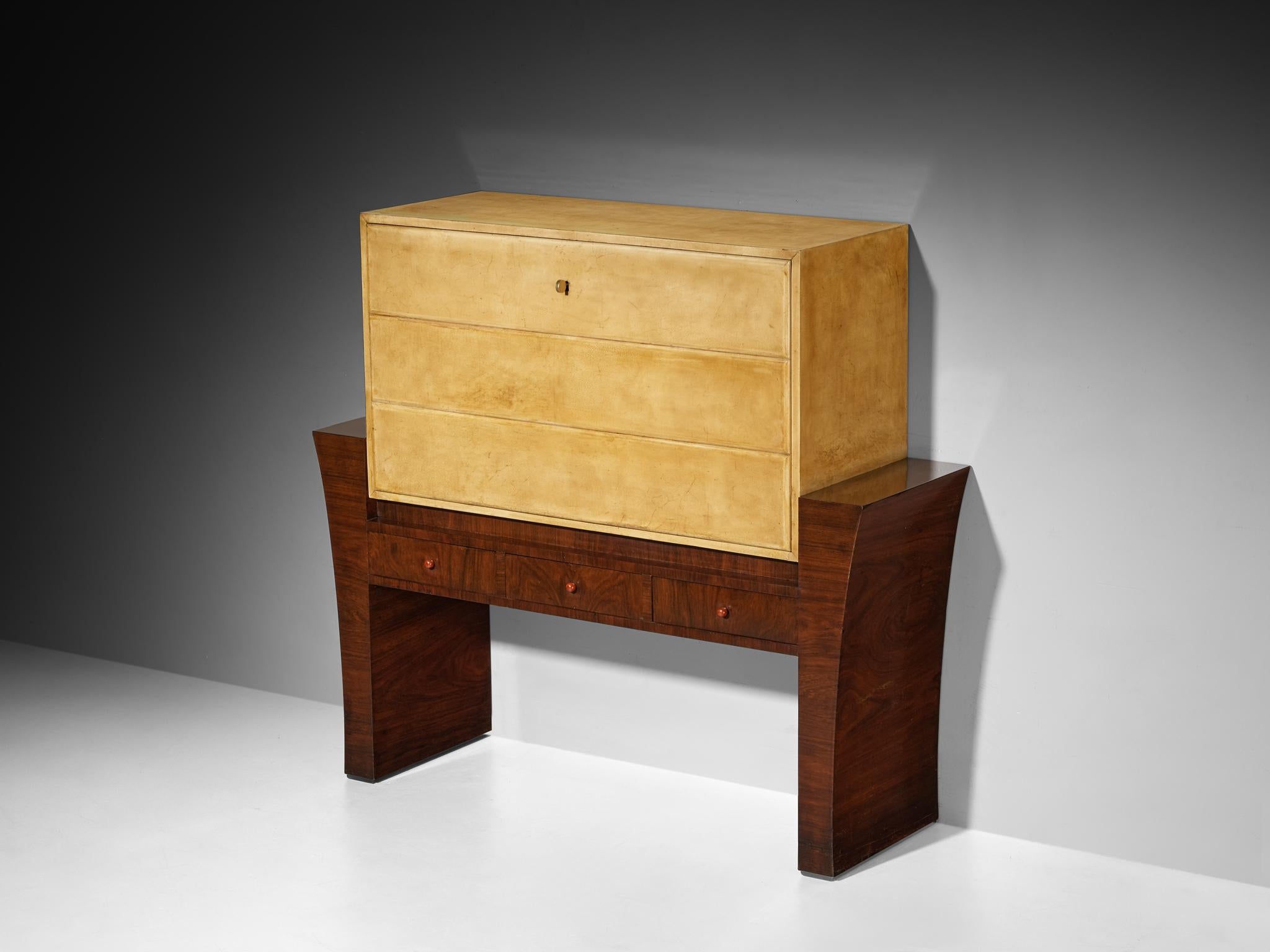 Guglielmo Ulrich for Ar.Ca, chest of drawers, parchment, wood, birdseye maple, Italy, early 1930s 

This exceptional bar cabinet by Guglielmo Ulrich for Ar.Ca Milano exemplifies the refined Italian modernism of the 1930s, where elegance meets