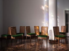 Guglielmo Ulrich pour Ar.Ca : lot de huit chaises de salle à manger en rotin et velours vert foncé