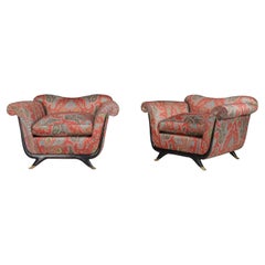 Guglielmo Ulrich Lounge Chairs in Mahogany, Fabric, and Brass, Italy, 1930s 