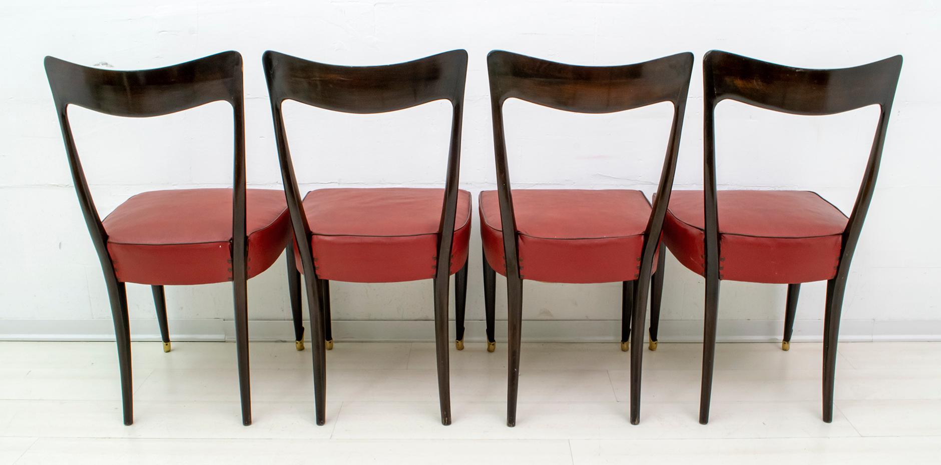 Faux Leather Guglielmo Ulrich Mid-Century Modern Italian Mahogany Four Dining Chairs, 1940s
