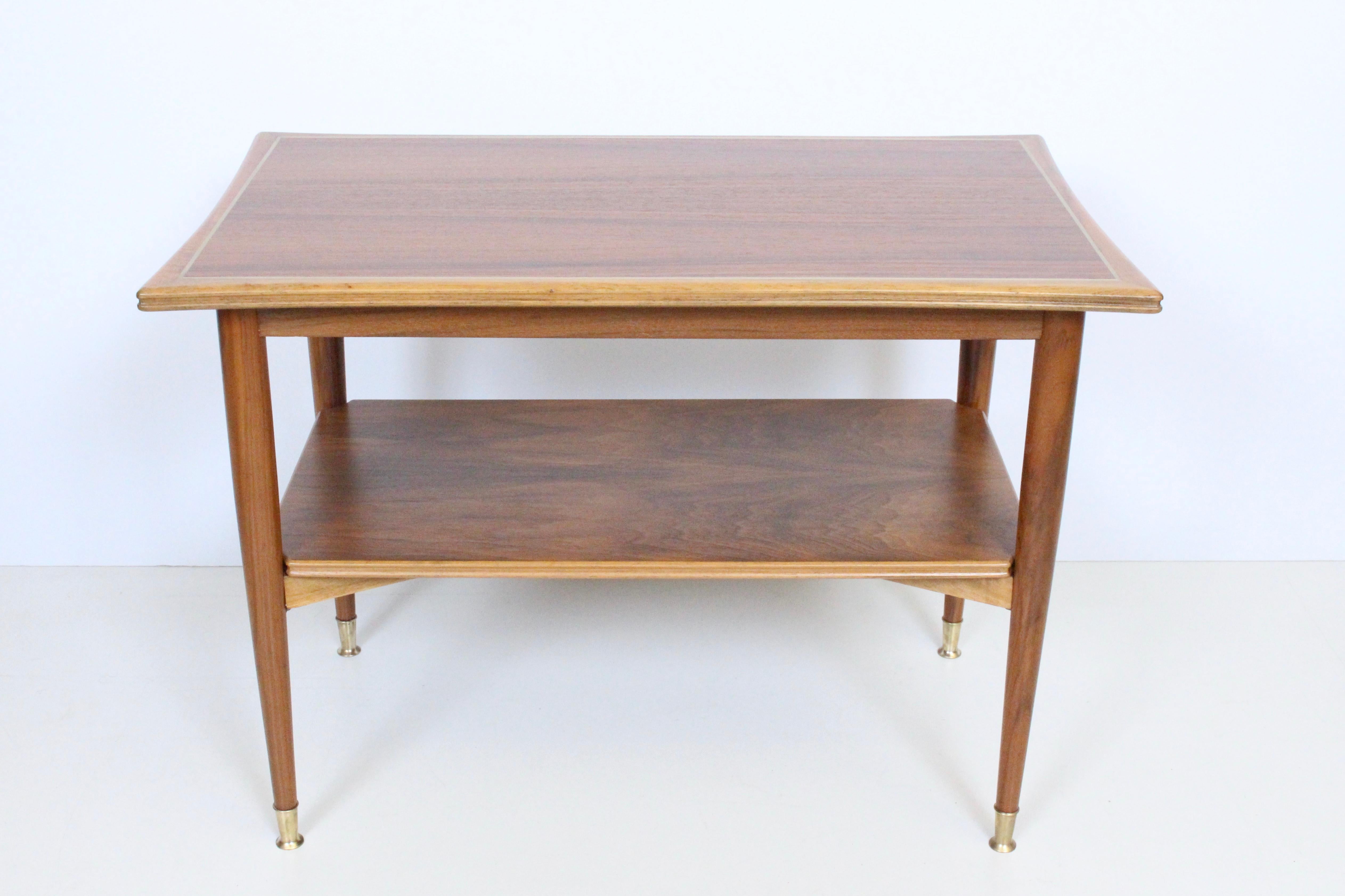 Mid-Century Modern Guglielmo Ulrich Style Palisander, Fruitwood & Brass Inlay Two Tier Coffee Table For Sale