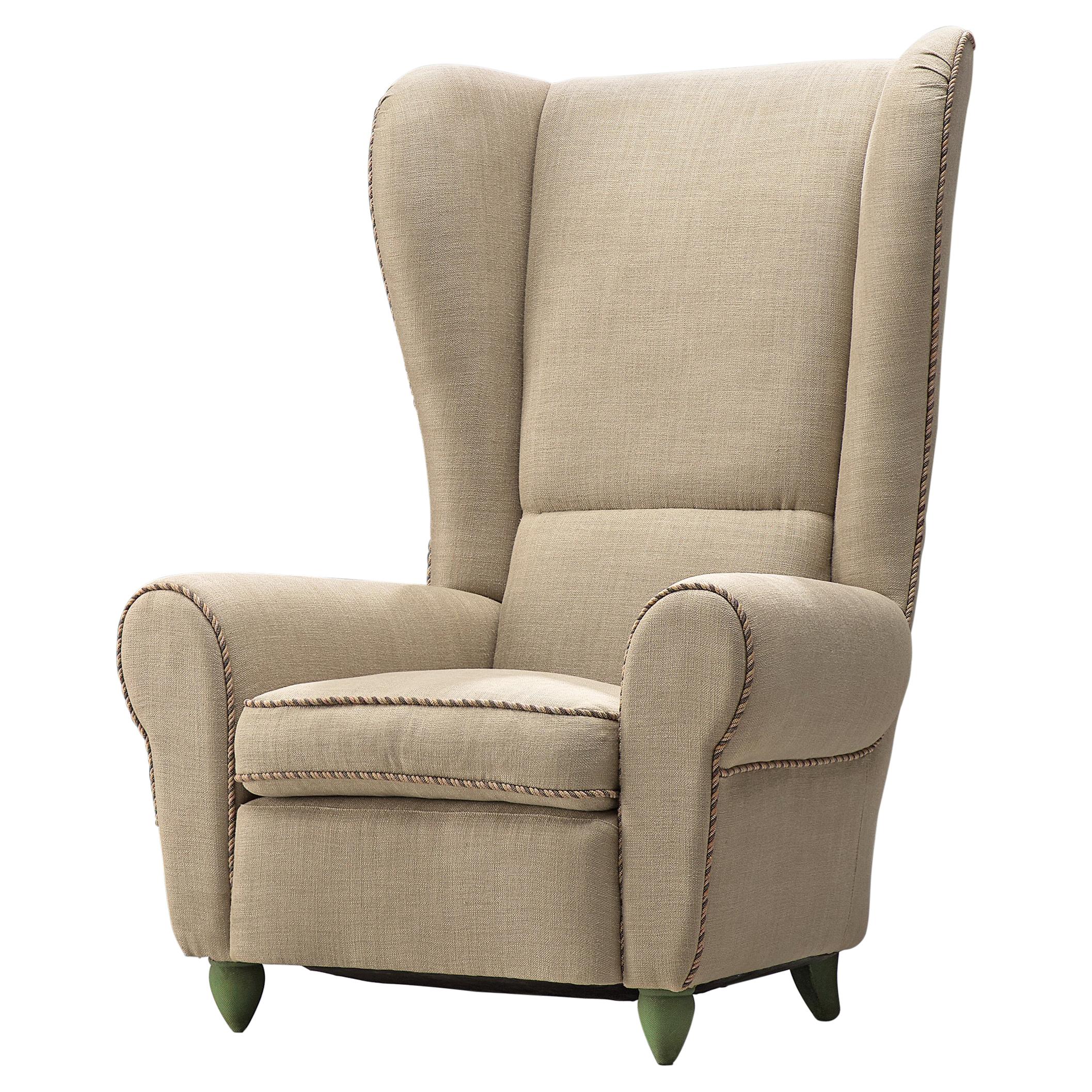 Guglielmo Ulrich Reupholstered Grand Wingback Chair in Natural Cream Upholstery
