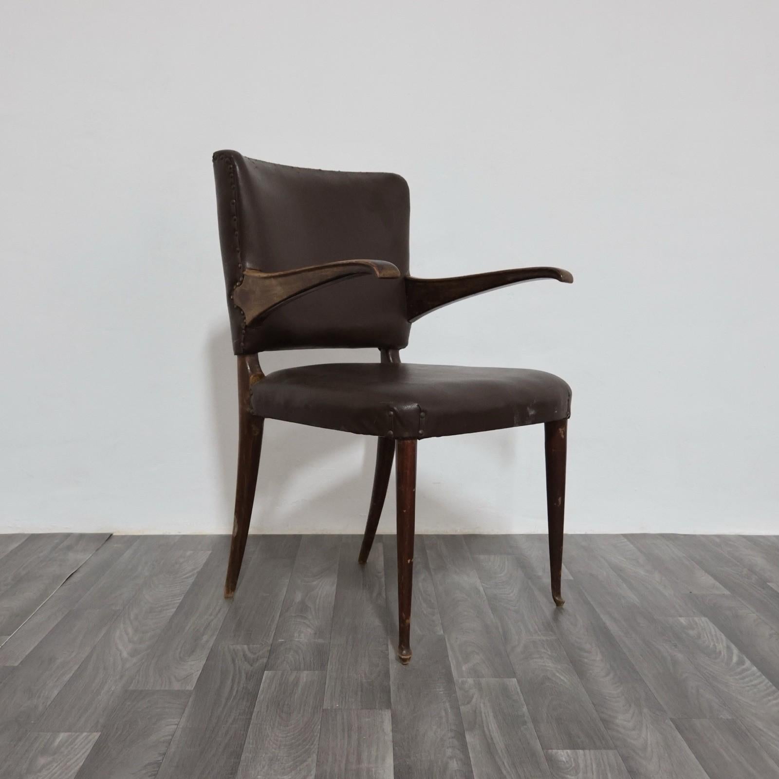 Pelle Guglielmo Ulrich Sedia con Braccioli a Sbalzo Anni '50 Raro Design Modernariato in vendita