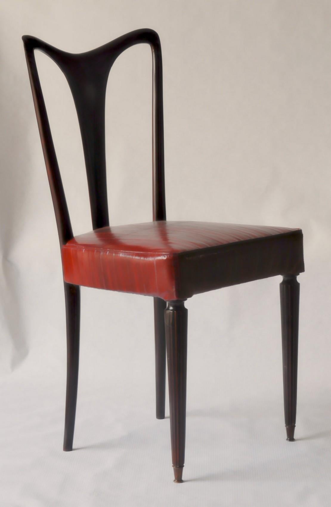 Velvet Guglielmo Ulrich Six Dining Chairs, Fully restored, Luxury Red Eel leather 40s