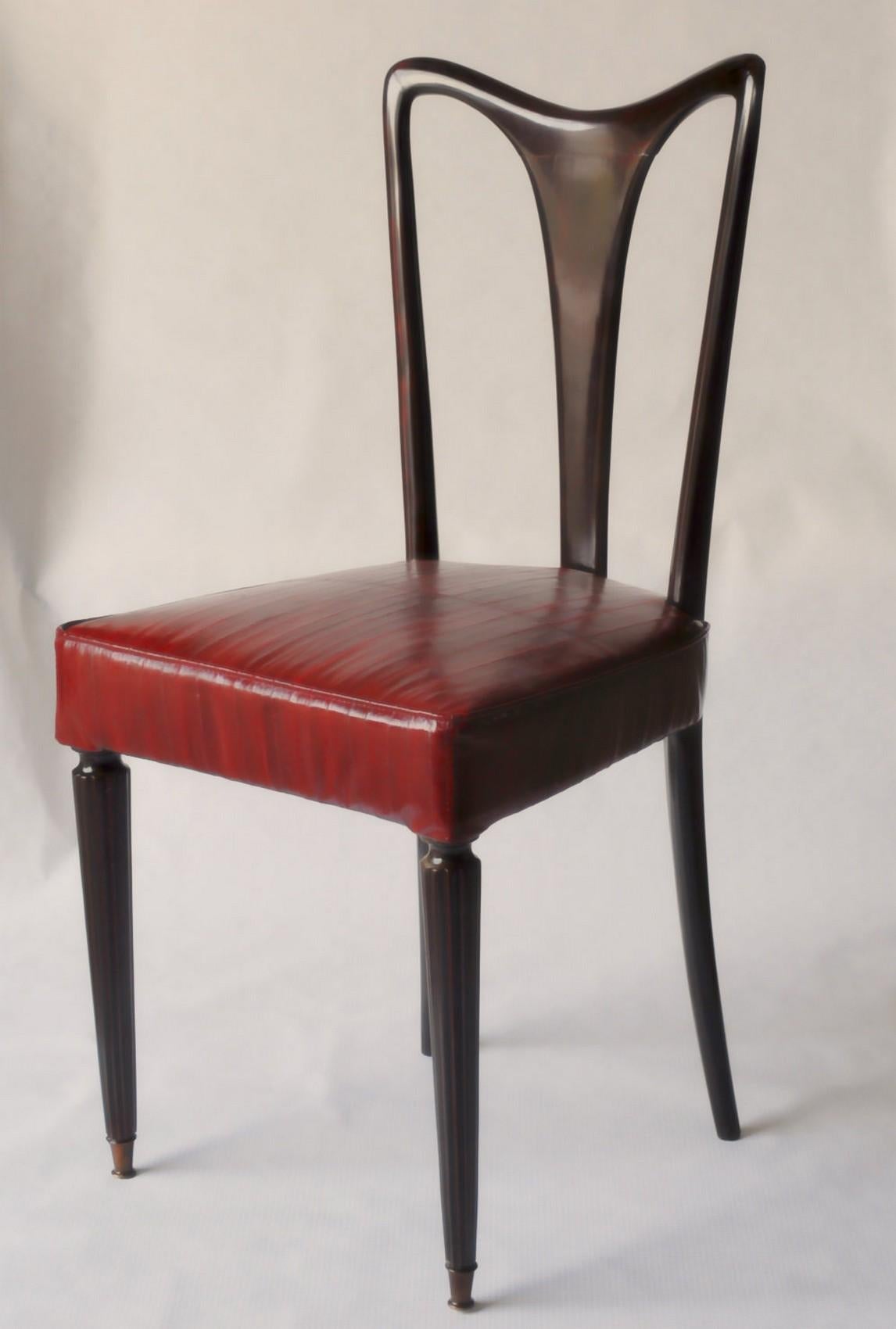 Guglielmo Ulrich Six Dining Chairs, Fully restored, Luxury Red Eel leather 40s 8