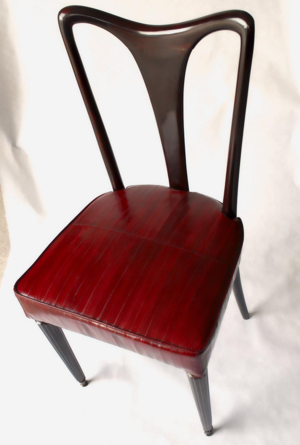 Italian Guglielmo Ulrich Six Dining Chairs, Fully restored, Luxury Red Eel leather 40s