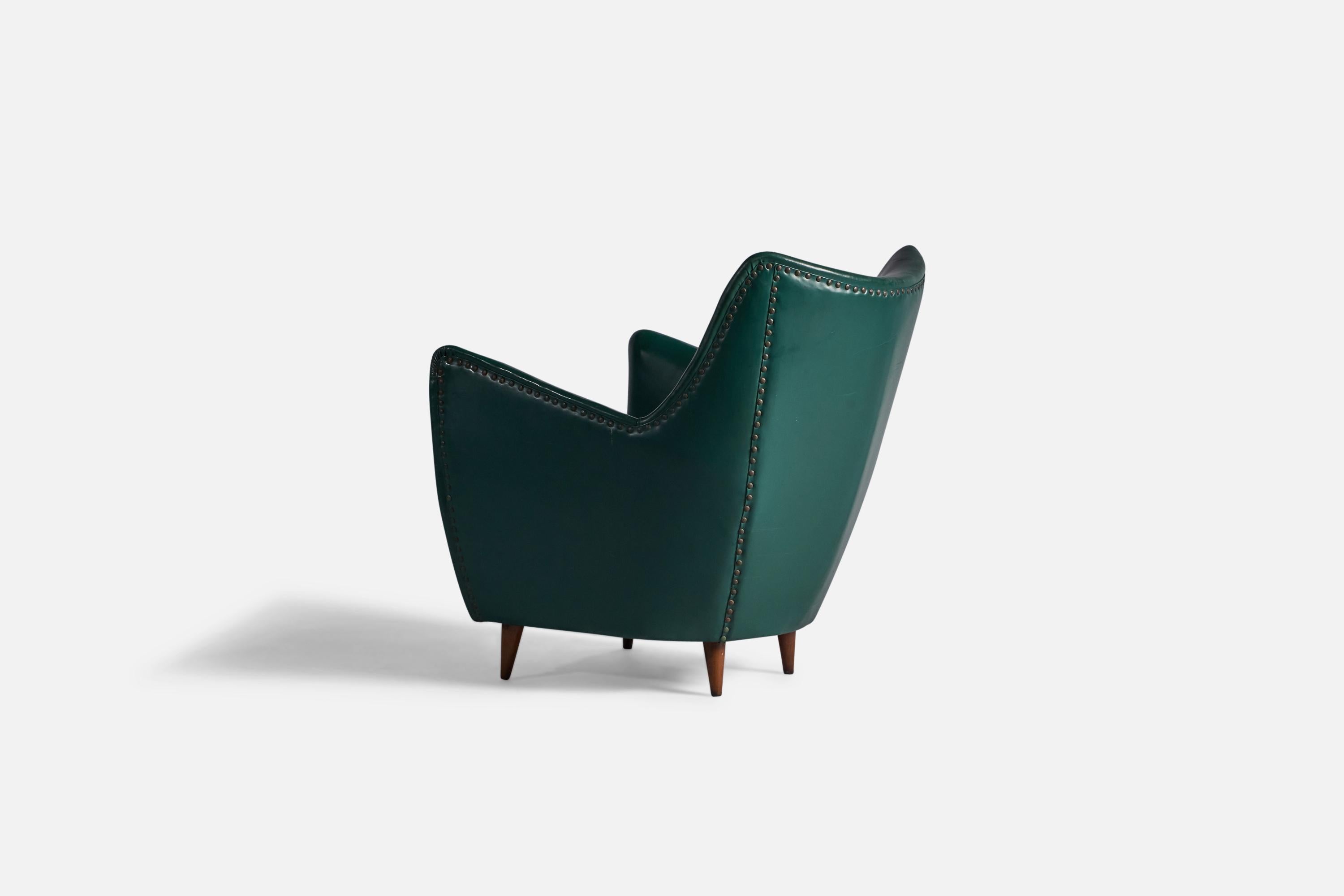 Italian Guglielmo Veronesi, Lounge Chairs, Vinyl, Wood, Brass, Italy, 1950s For Sale