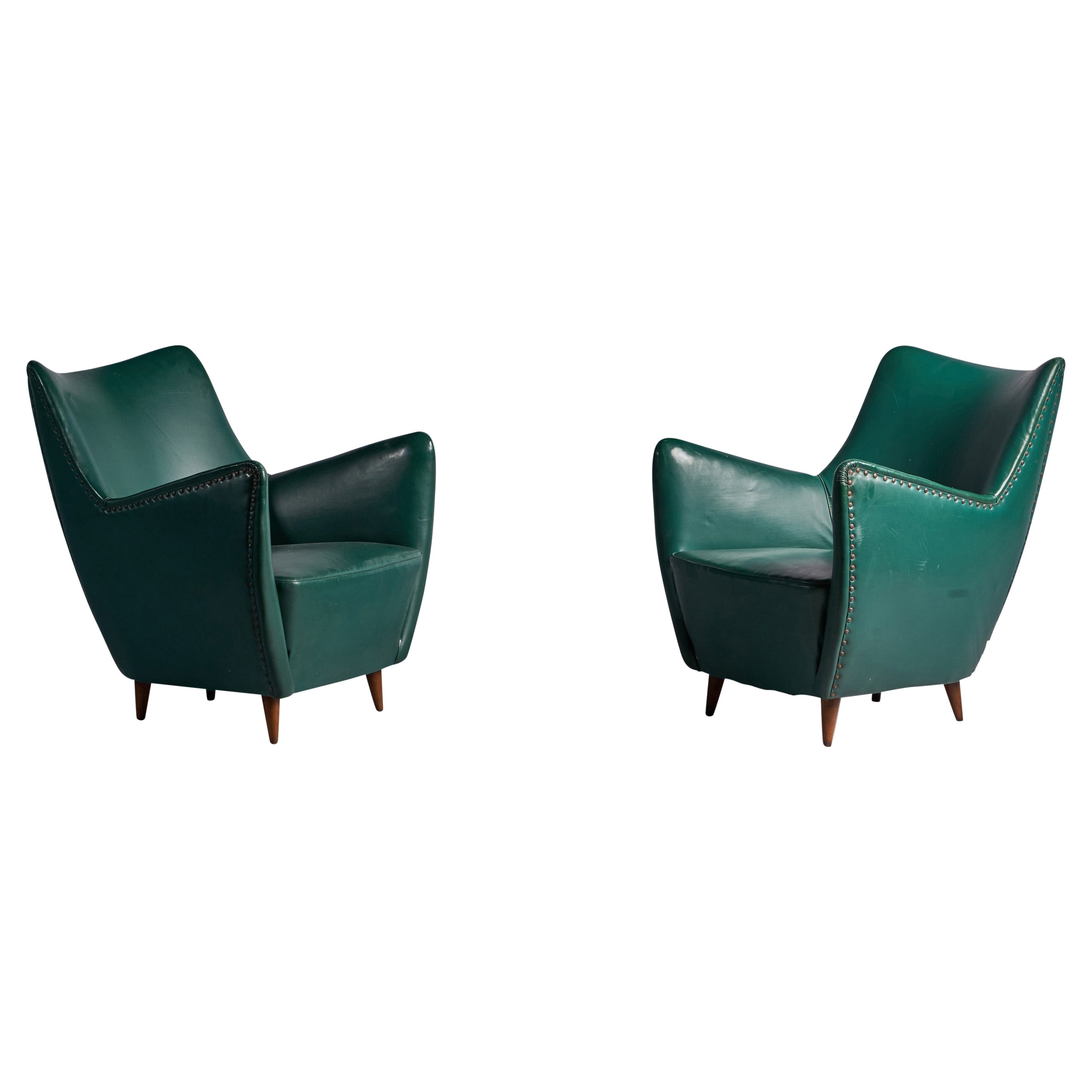 Guglielmo Veronesi, Lounge Chairs, Vinyl, Wood, Brass, Italy, 1950s