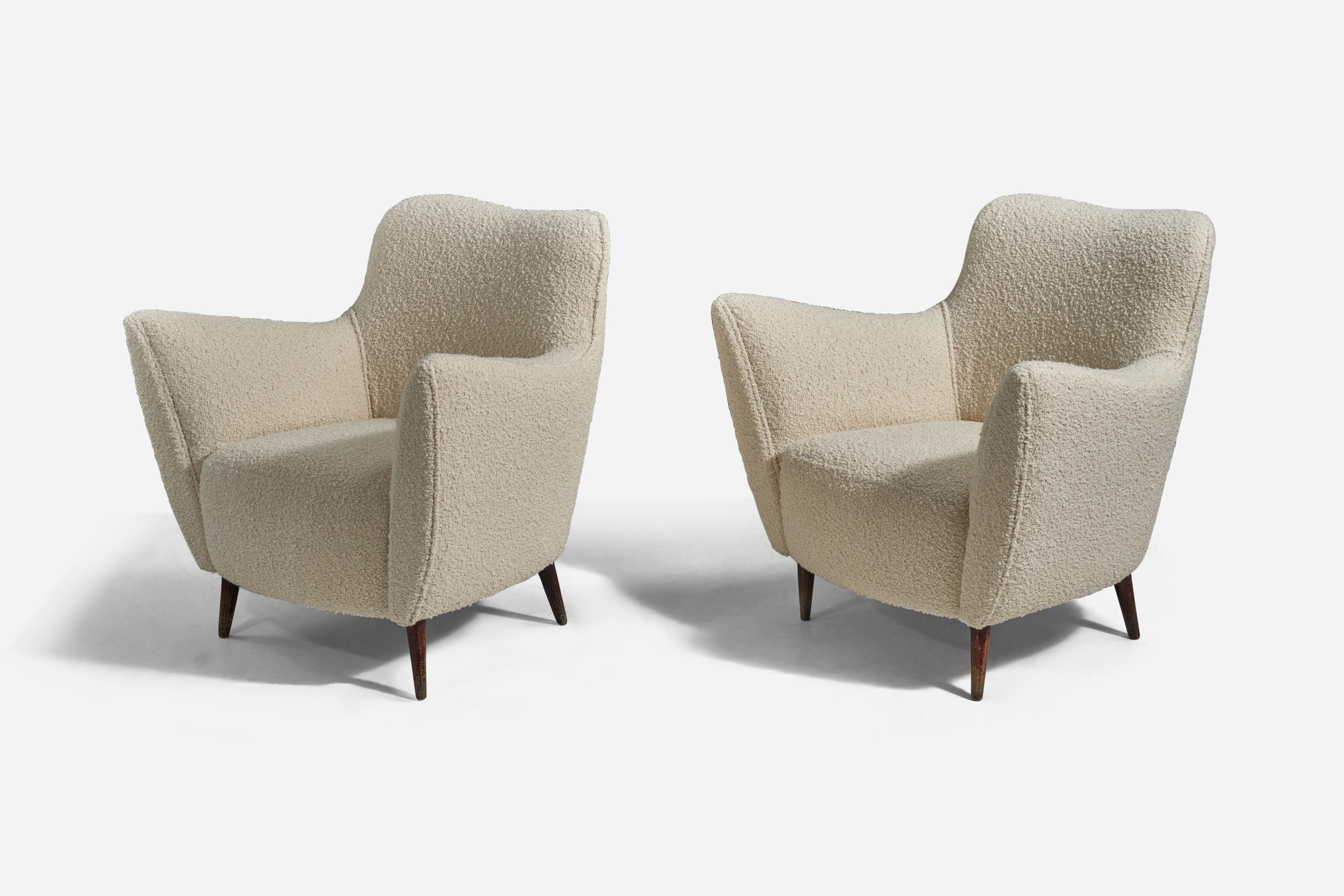 Mid-Century Modern Guglielmo Veronesi, Lounge Chairs, Wood, White Fabric, ISA Bergamo, Italy, 1950s
